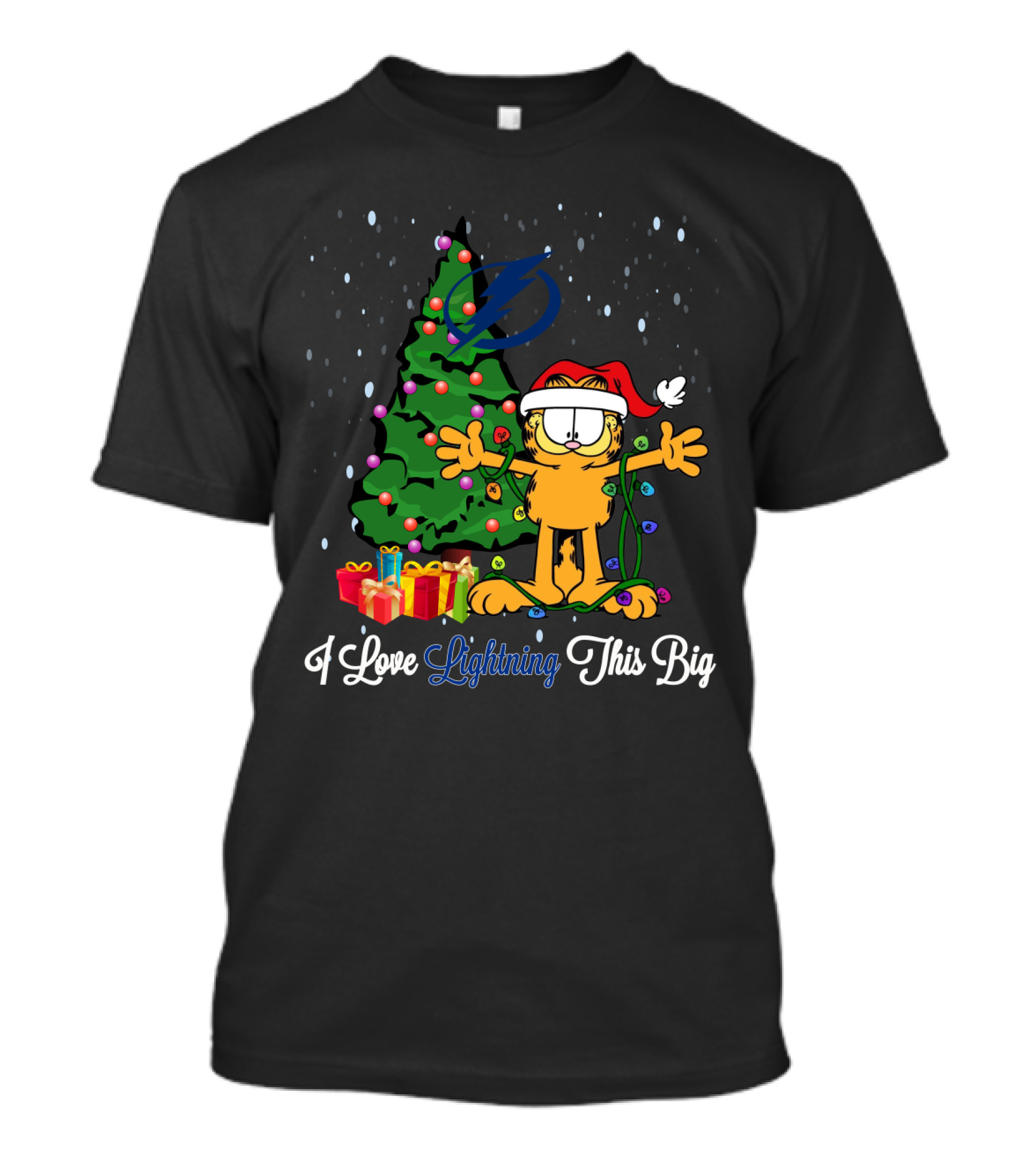 I Love Lightning This Big Christmas Garfield Cat Tampa Bay Lightning Tree Presents T-Shirt