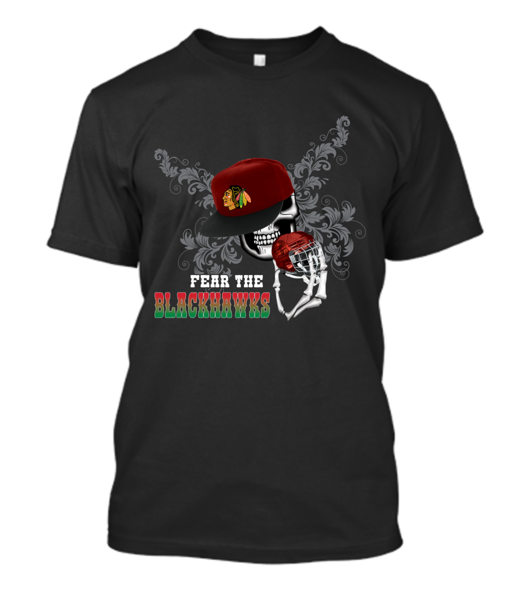 Fear The Chicago Blackhawks Skull With Cap And Hockey Helmet T-Shirt