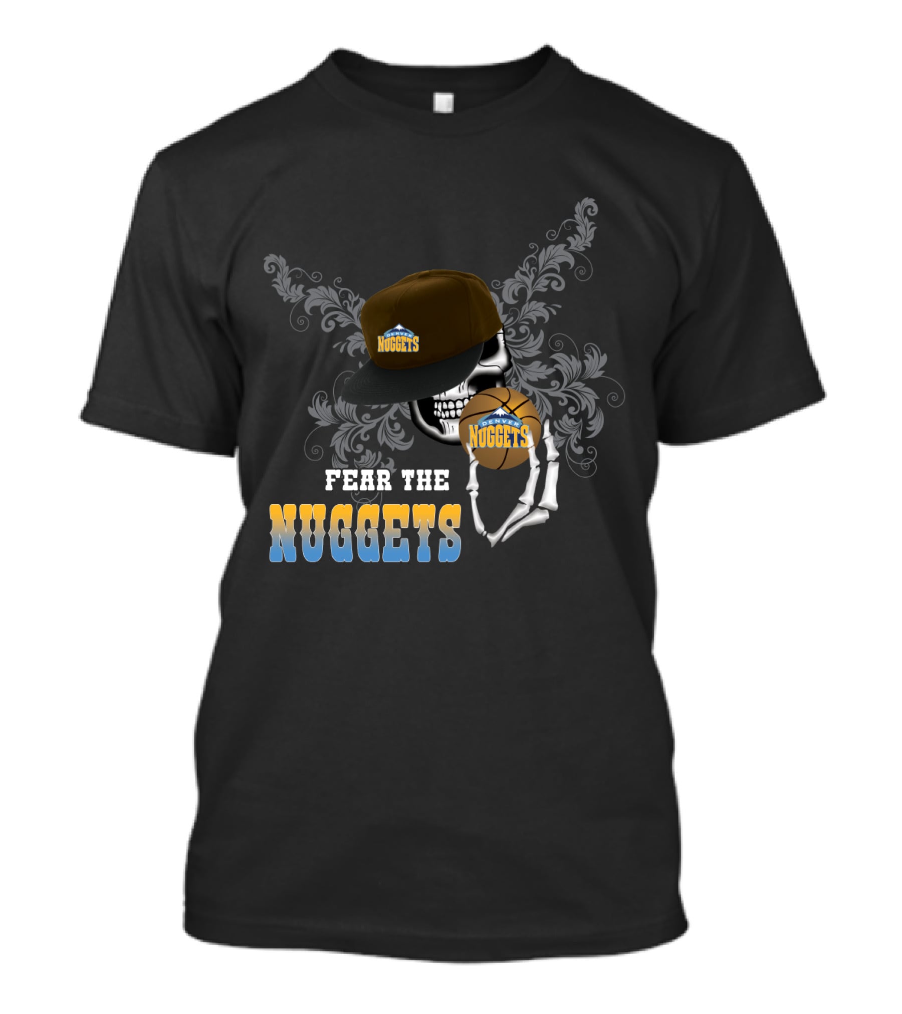 Fear The Nuggets Skull Cap Basketball Fan Tribute T-Shirt