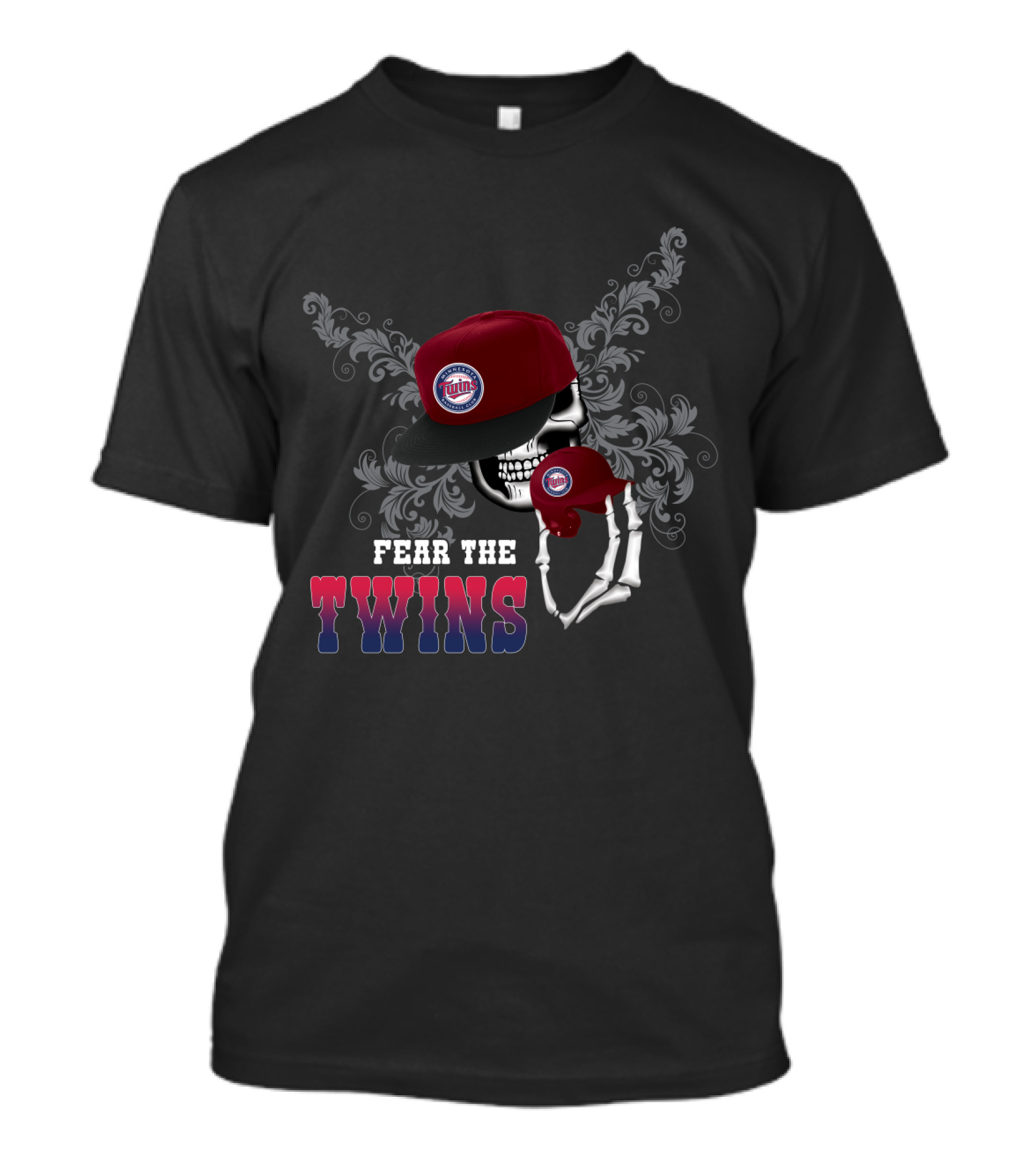 Fear The Twins Skull Design With Cap And Ornament Background T-Shirt