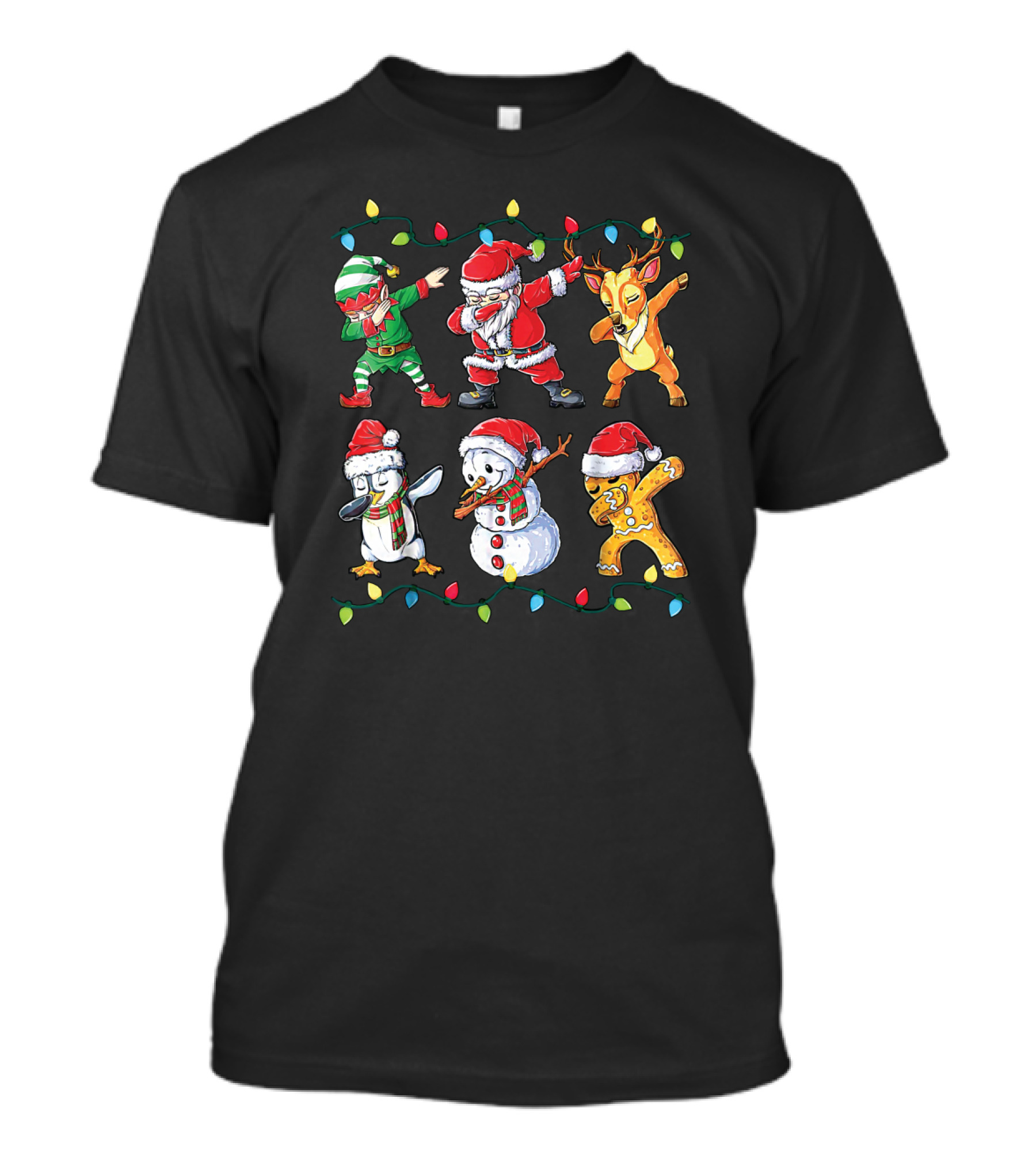 Santa Elf Snowman Penguin Reindeer Gingerbread Dabbing Christmas Lights T-Shirt