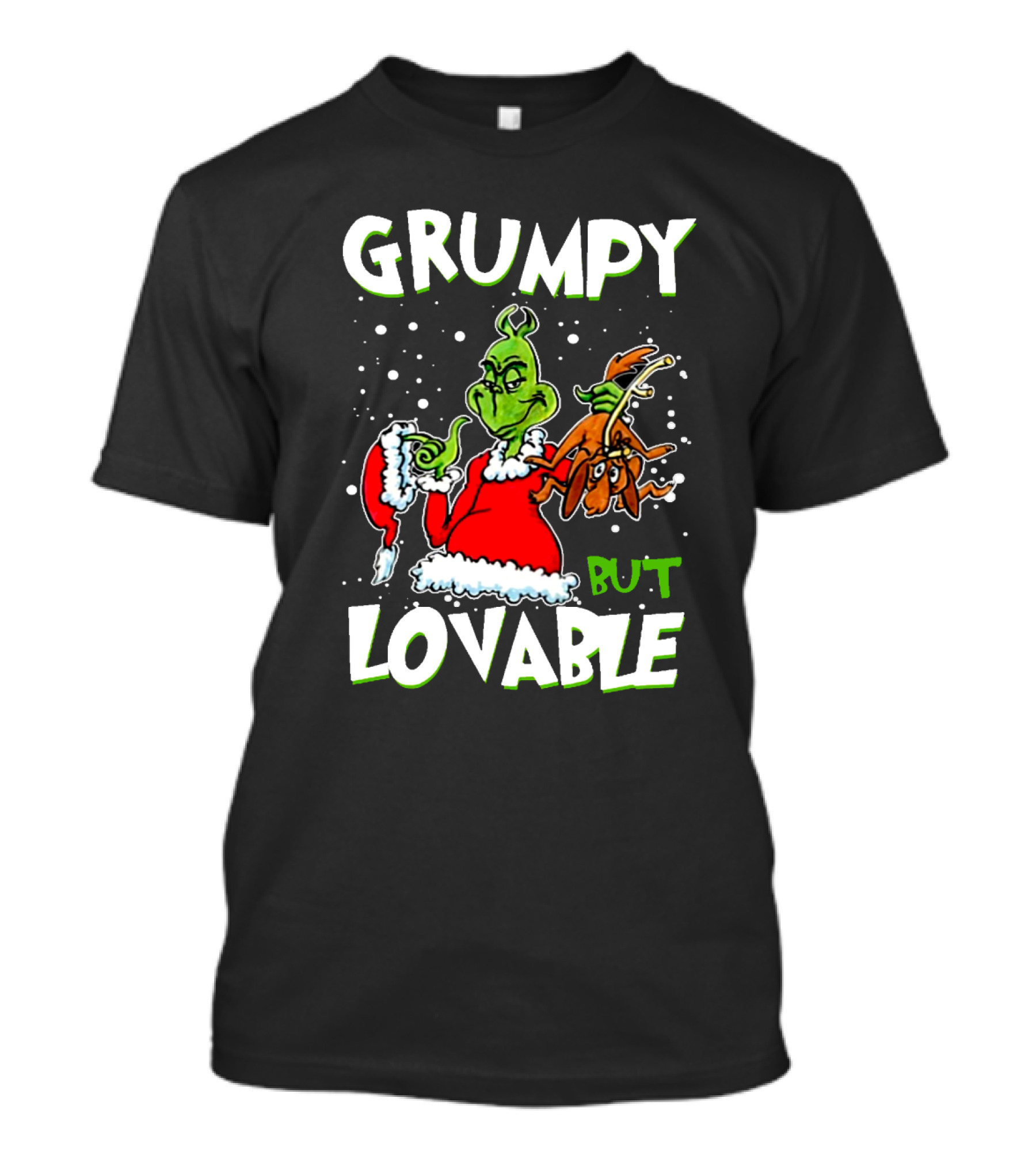 Grumpy But Lovable Grinch In Santa Suit Holding Max Illustrated T-Shirt