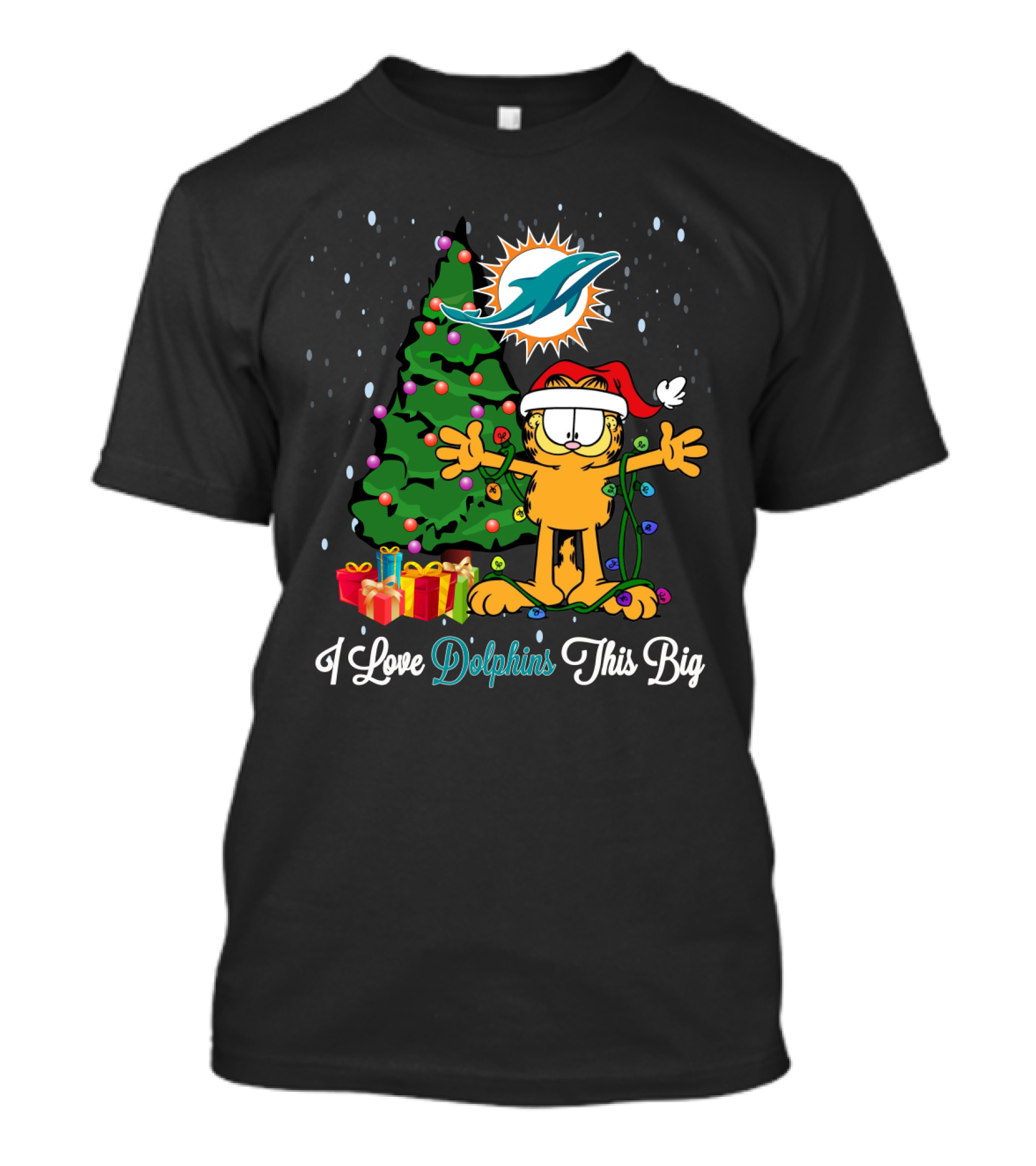 Miami Dolphins Christmas Garfield Holiday Celebration I Love Dolphins This Big T-Shirt