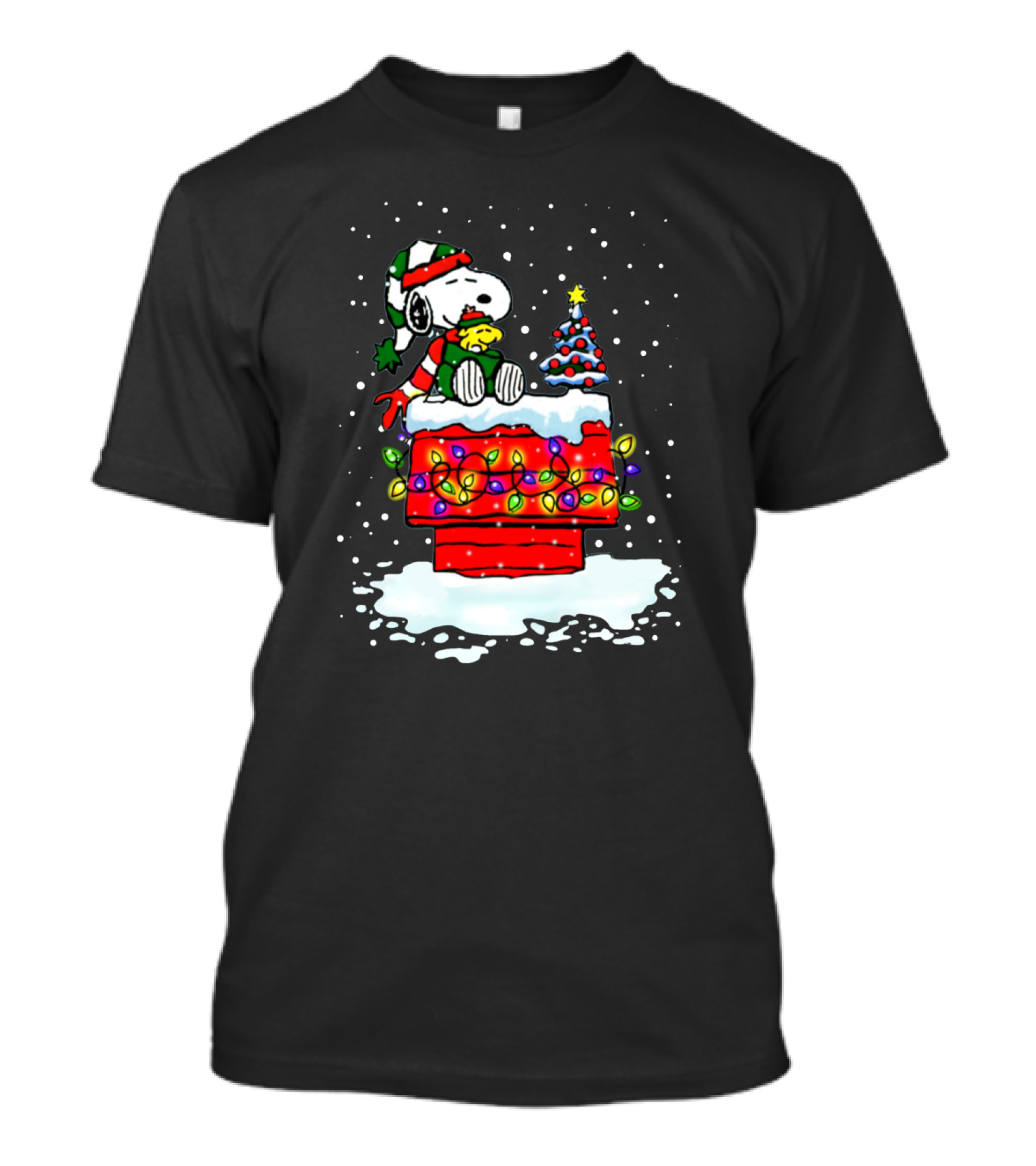 Snoopy Christmas Lights On Doghouse With Woodstock And Winter Scene From Peanuts T-Shirt