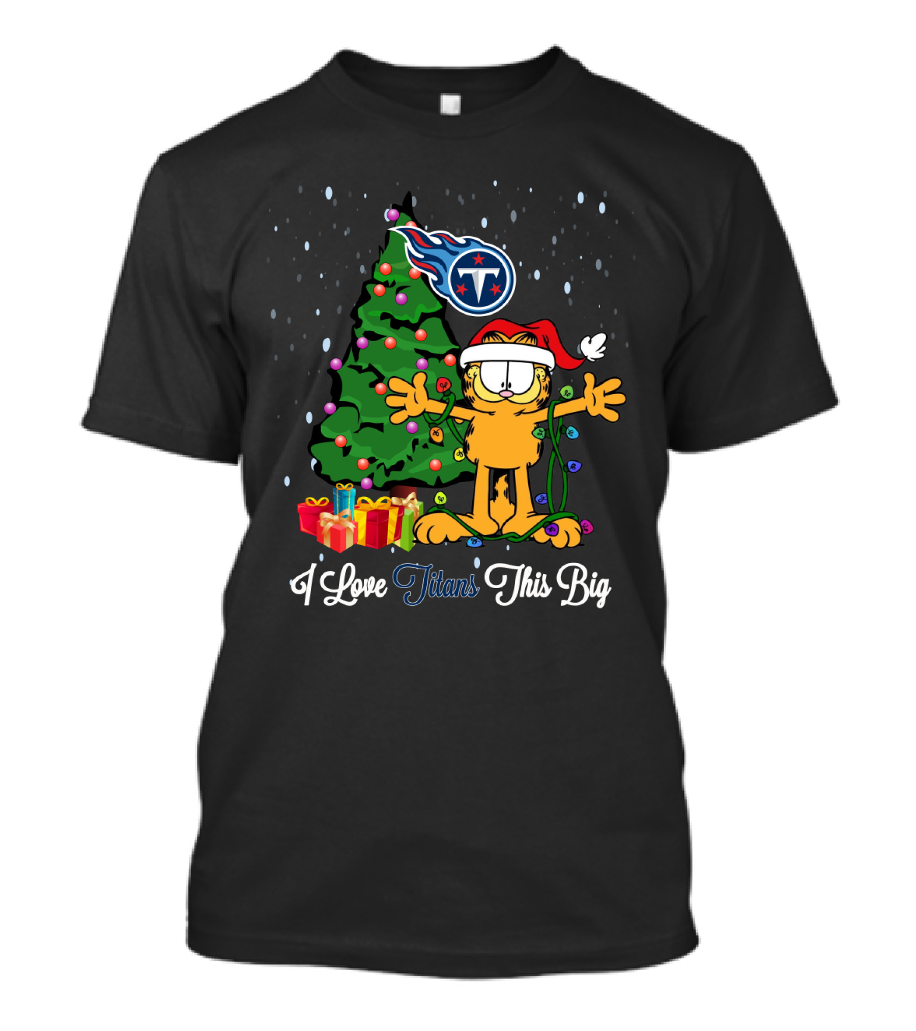 Garfield Loves Titans This Big Christmas Tree Santa Hat Nfl Theme T-Shirt