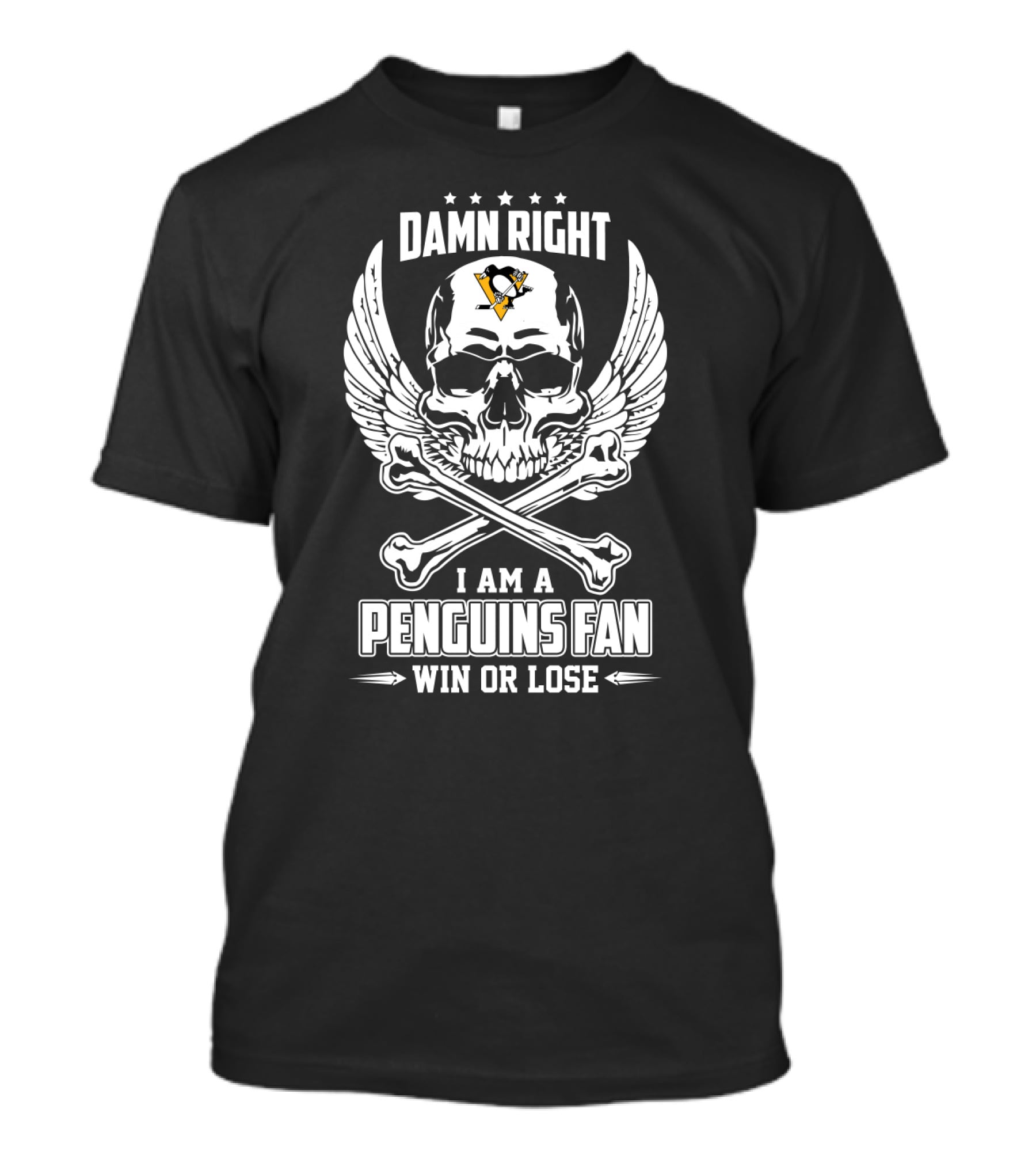 Damn Right I Am A Penguins Fan Win Or Lose Skull Wings Hockey T-Shirt