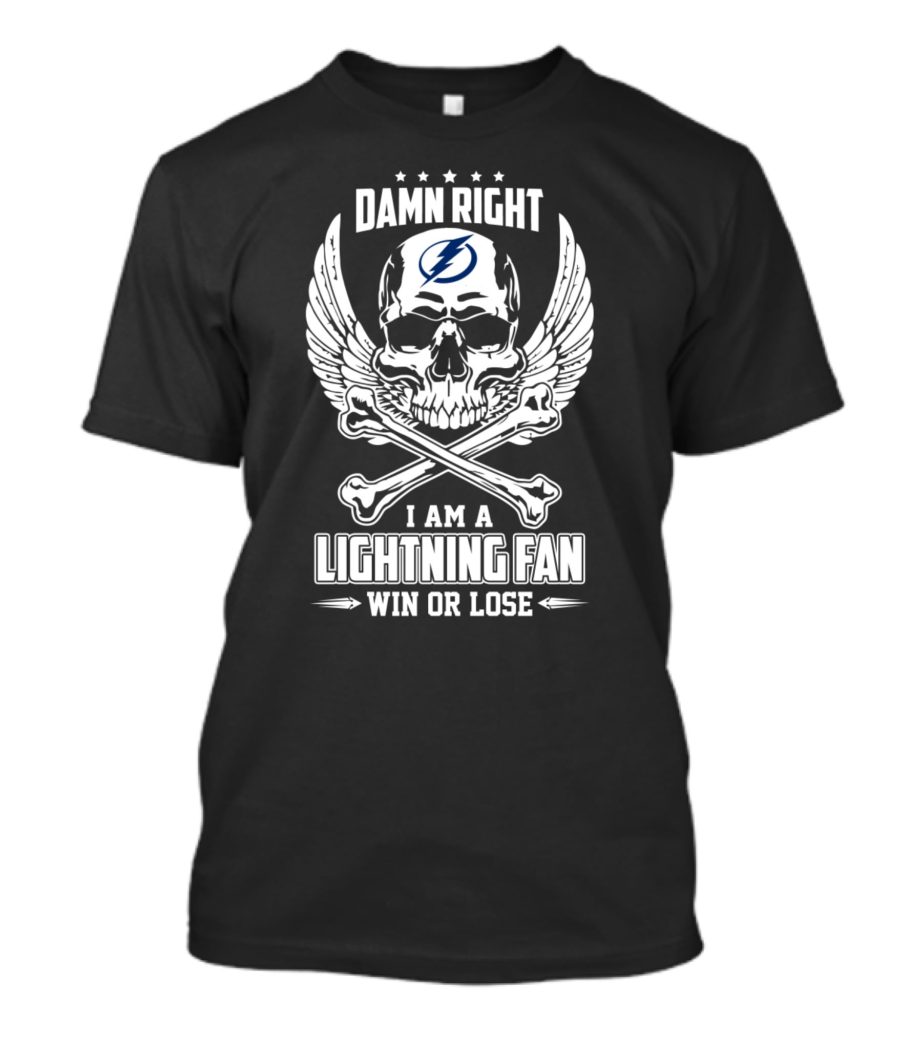 Damn Right I Am A Tampa Bay Lightning Fan Win Or Lose Skull With Wings T-Shirt