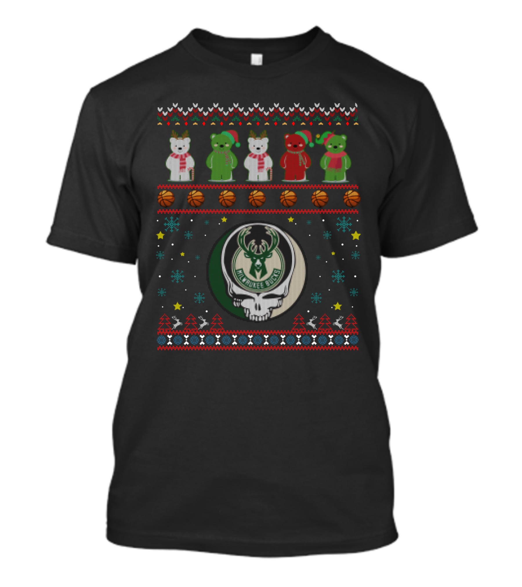 Milwaukee Bucks Grateful Dead Bears Christmas Sweater Style T-Shirt