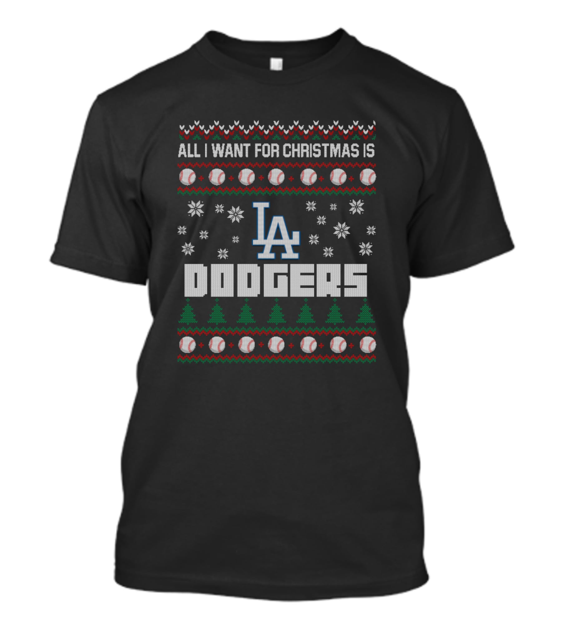 Los Angeles Dodgers Ugly Christmas Sweater Design For Fans With Baseballs And Holiday Trees T-Shirt