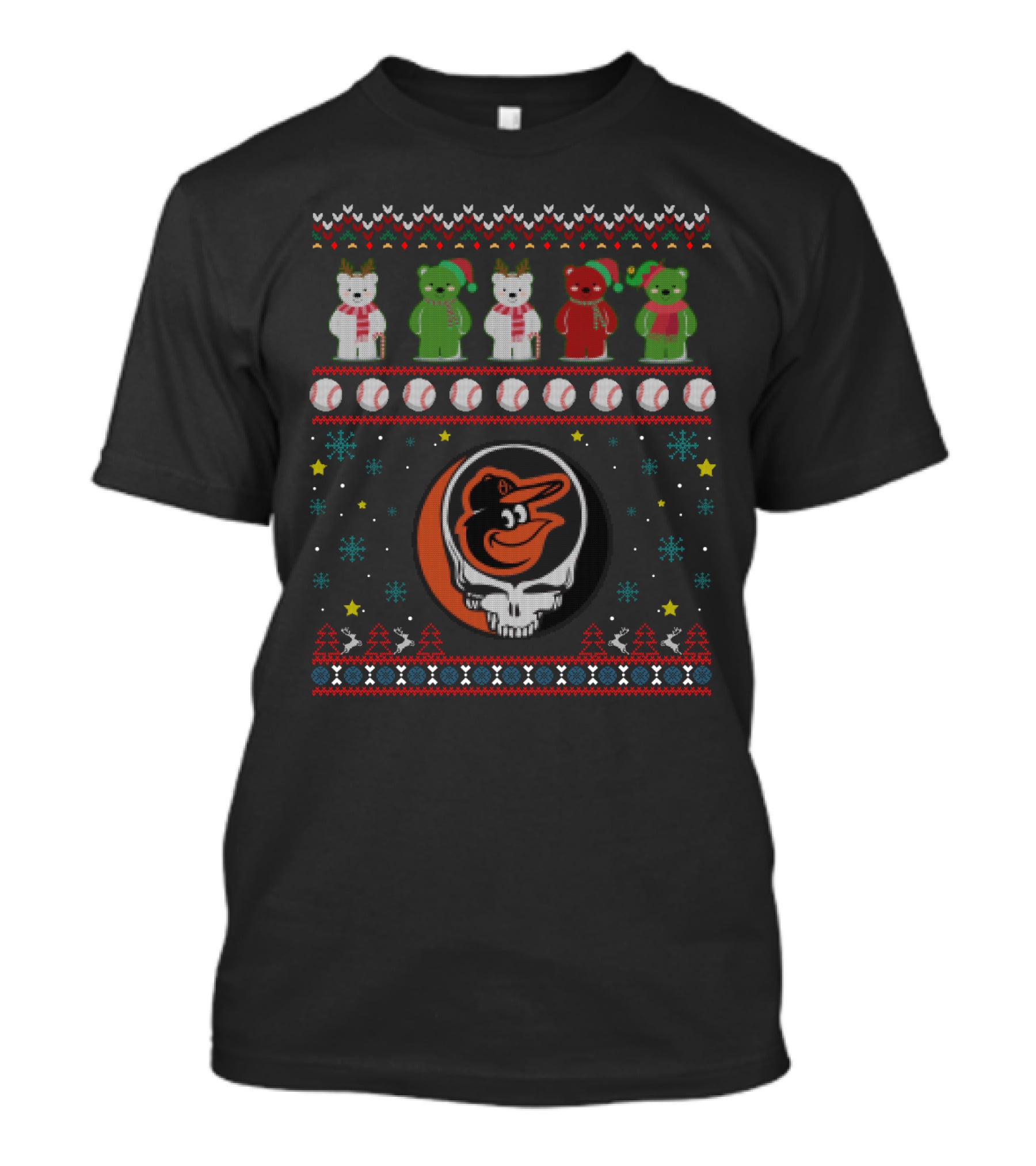 Baltimore Orioles Grateful Dead Bears Christmas Baseball T-Shirt