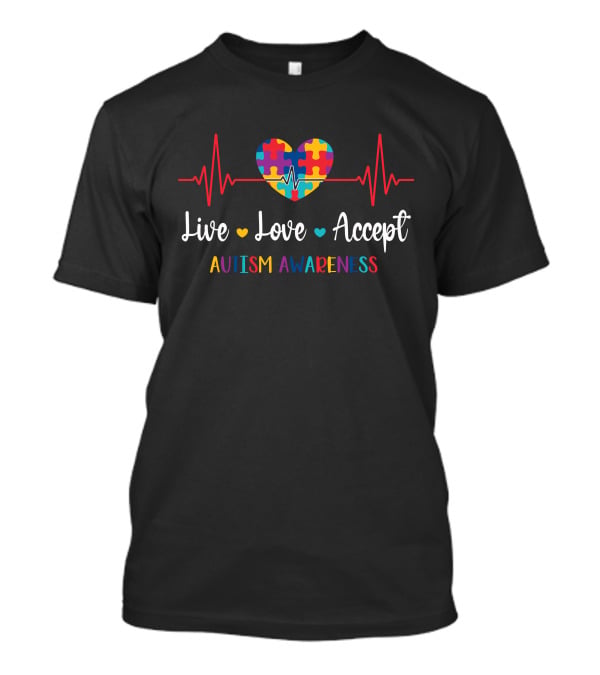 Live Love Accept Heartbeat Puzzle Autism Awareness T-Shirt