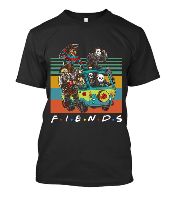 Fiends TV Show Horror Movie Characters Parody With Freddy Jason Scream Driving Scooby-Doo Van T-Shirt