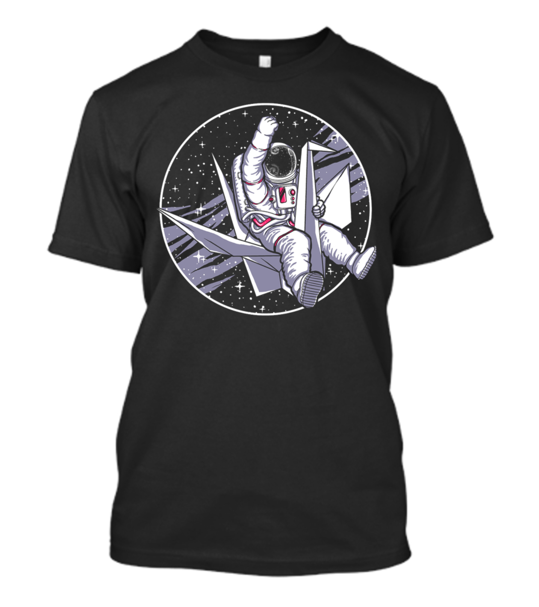 Astronaut Riding Origami Crane In Space Scene T-Shirt