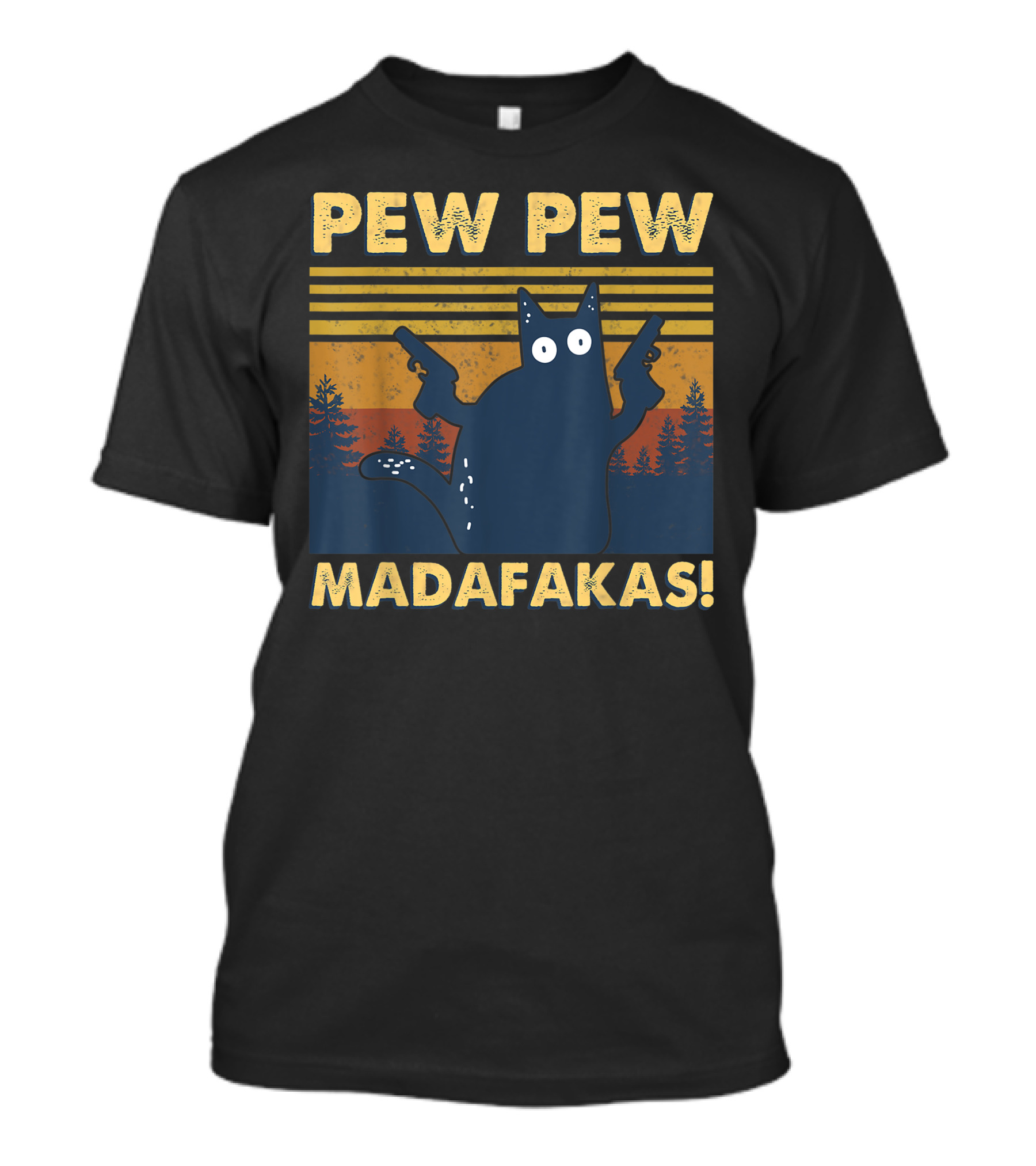 Pew Pew Madafakas Cat Retro Gun-Wielding Forest T-Shirt