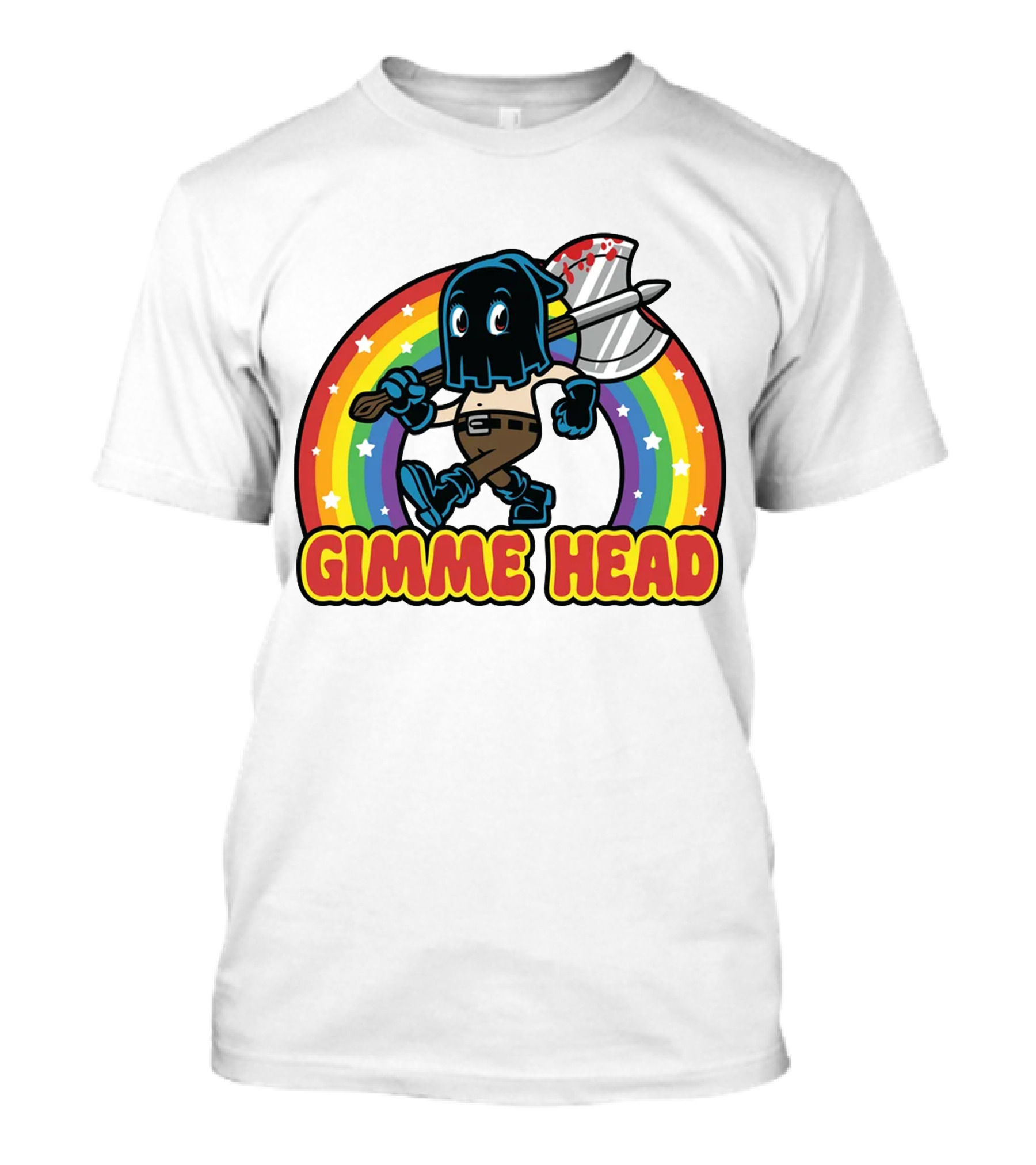 Gimme Head Colorful Hooded Figure With Bloody Axe And Rainbow T-Shirt