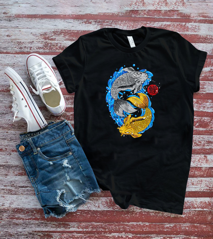 Koi Fish Yin Yang With Blue Water And Red Japanese T-Shirt