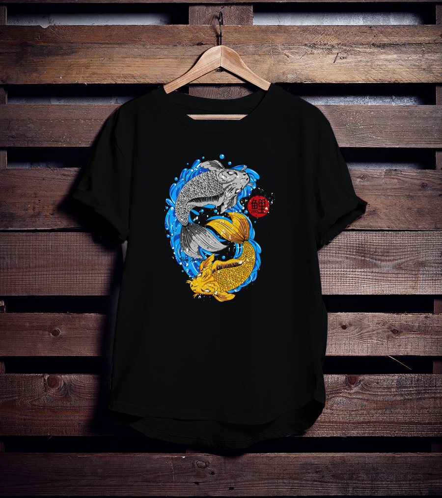 Koi Fish Yin Yang With Blue Water And Red Japanese T-Shirt