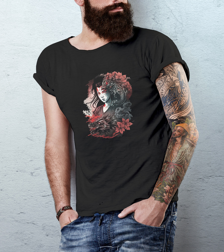 Dragon Boy Red Lotus Warrior With Dragon And Wolf Elements T-Shirt