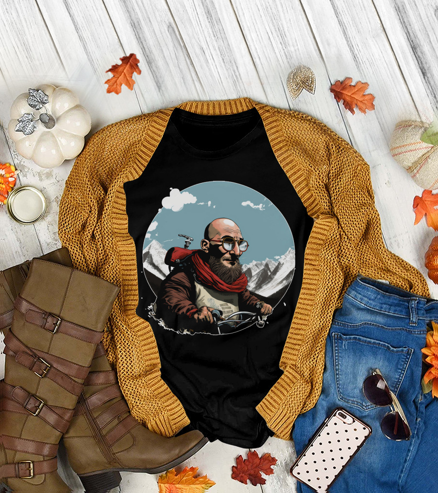Bald Man On Motorcycle Through Mountain Landscape With Red Scarf And Glasses T-Shirt