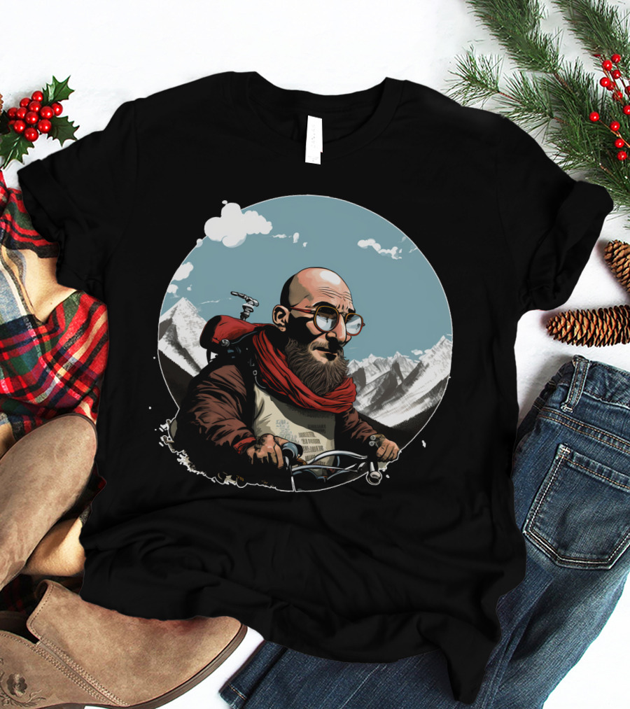 Bald Man On Motorcycle Through Mountain Landscape With Red Scarf And Glasses T-Shirt