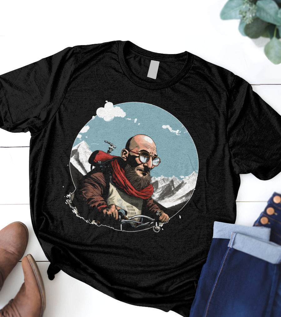 Bald Man On Motorcycle Through Mountain Landscape With Red Scarf And Glasses T-Shirt