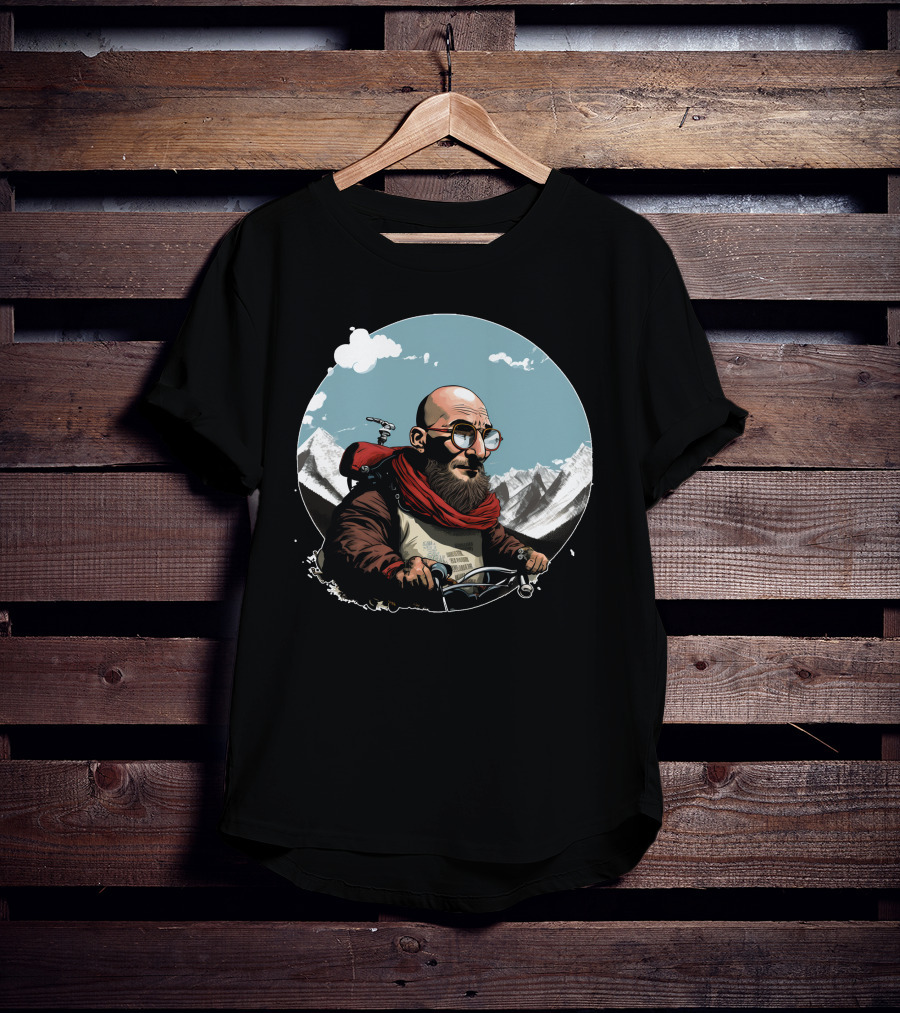 Bald Man On Motorcycle Through Mountain Landscape With Red Scarf And Glasses T-Shirt