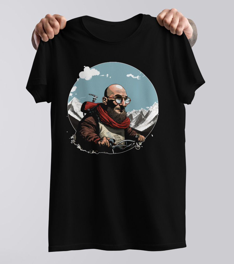 Bald Man On Motorcycle Through Mountain Landscape With Red Scarf And Glasses T-Shirt
