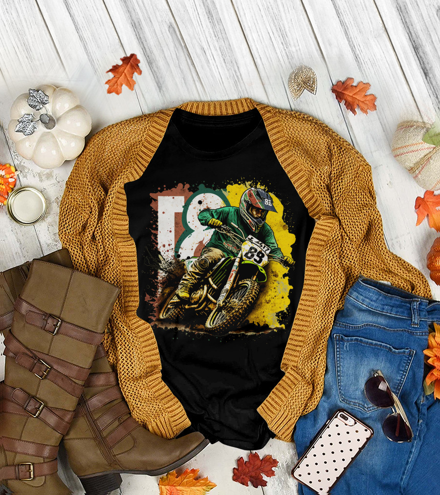 Motocross Racer Dynamic Action With Number 83 And Splatter Background T-Shirt