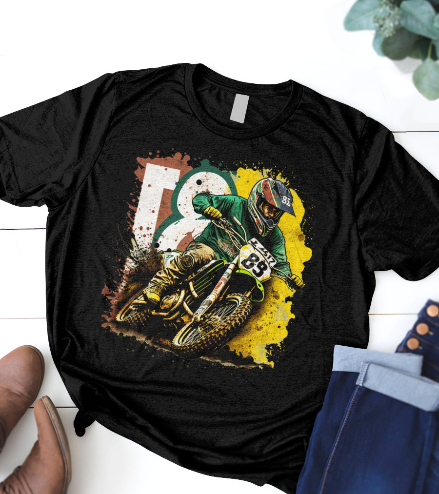 Motocross Racer Dynamic Action With Number 83 And Splatter Background T-Shirt