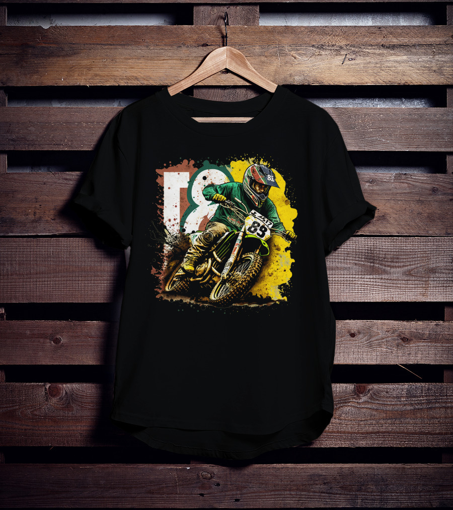Motocross Racer Dynamic Action With Number 83 And Splatter Background T-Shirt