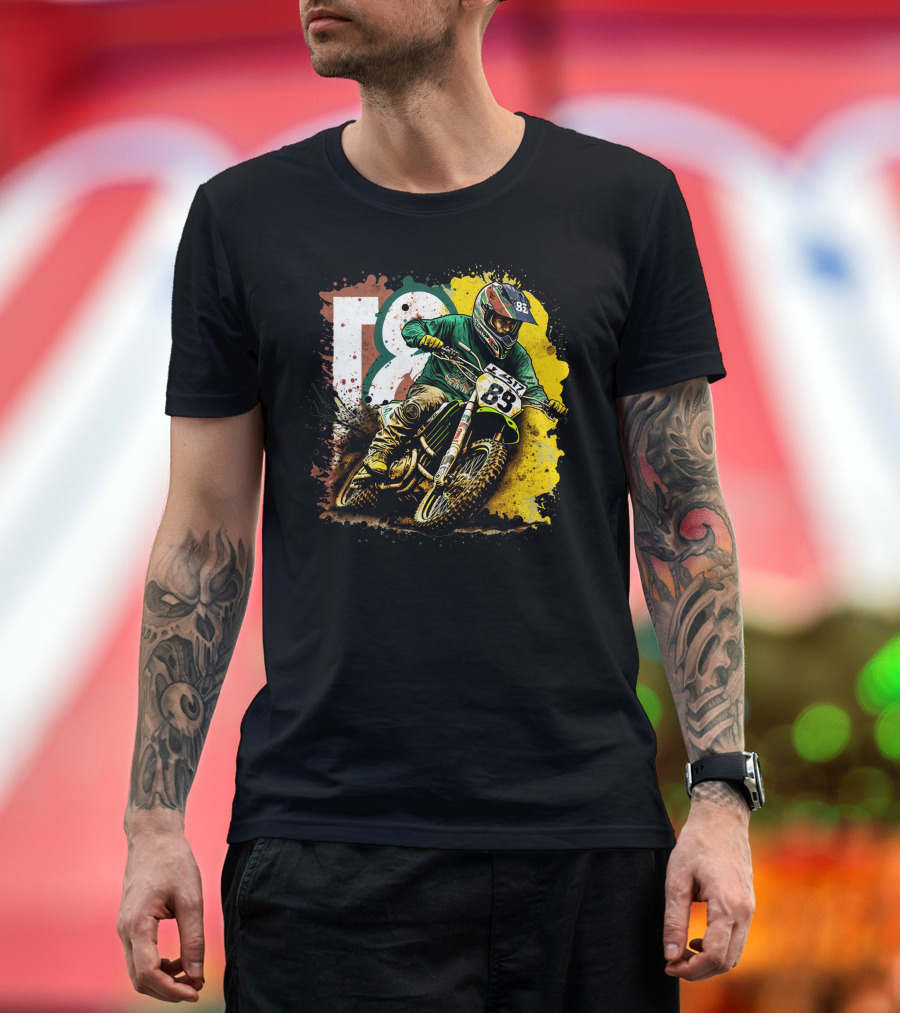 Motocross Racer Dynamic Action With Number 83 And Splatter Background T-Shirt