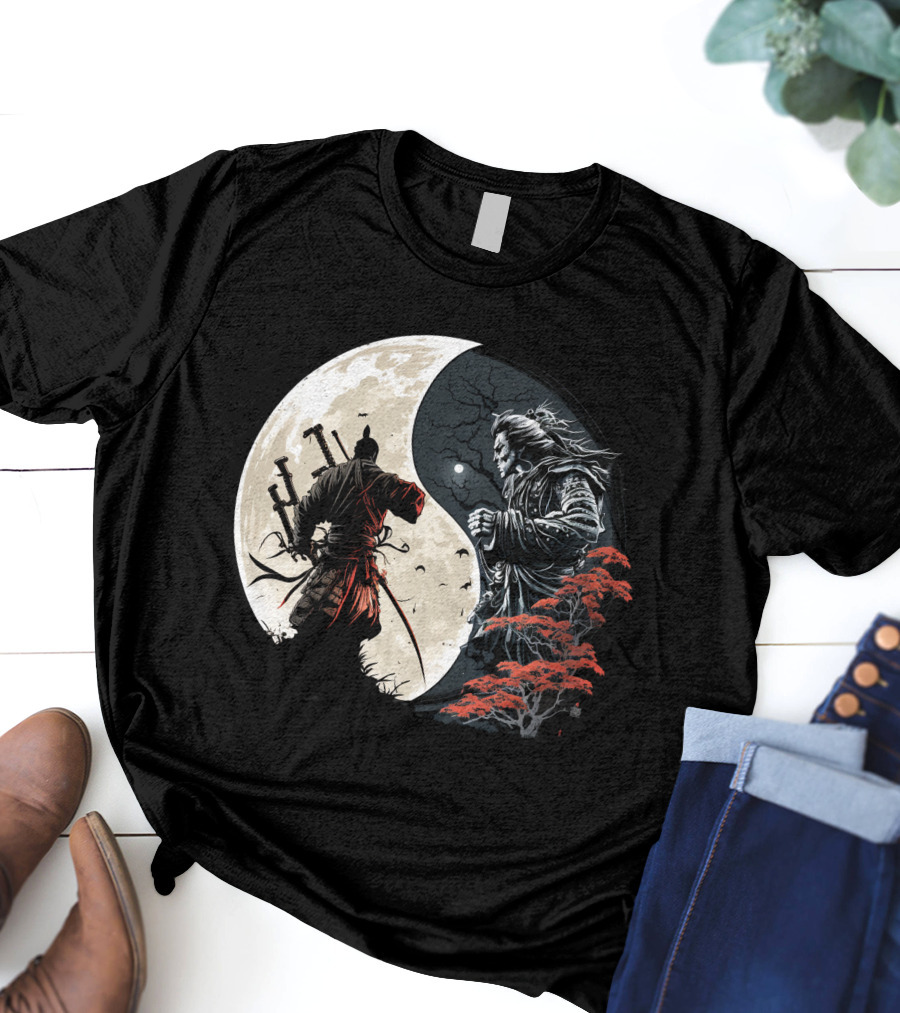 Crescent Moonlight Samurai Yin Yang Duality Forest T-Shirt