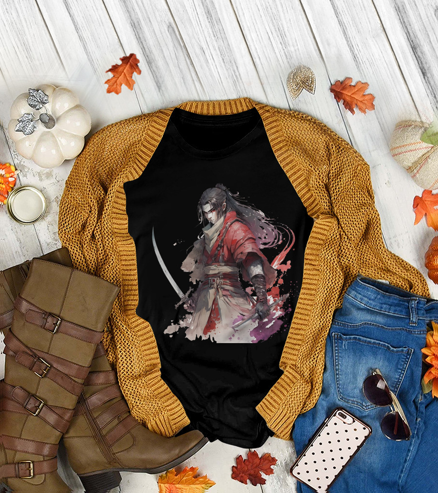 Samurai Blade Warrior In Red Robes With Dual Katanas And Flowing Hair T-Shirt