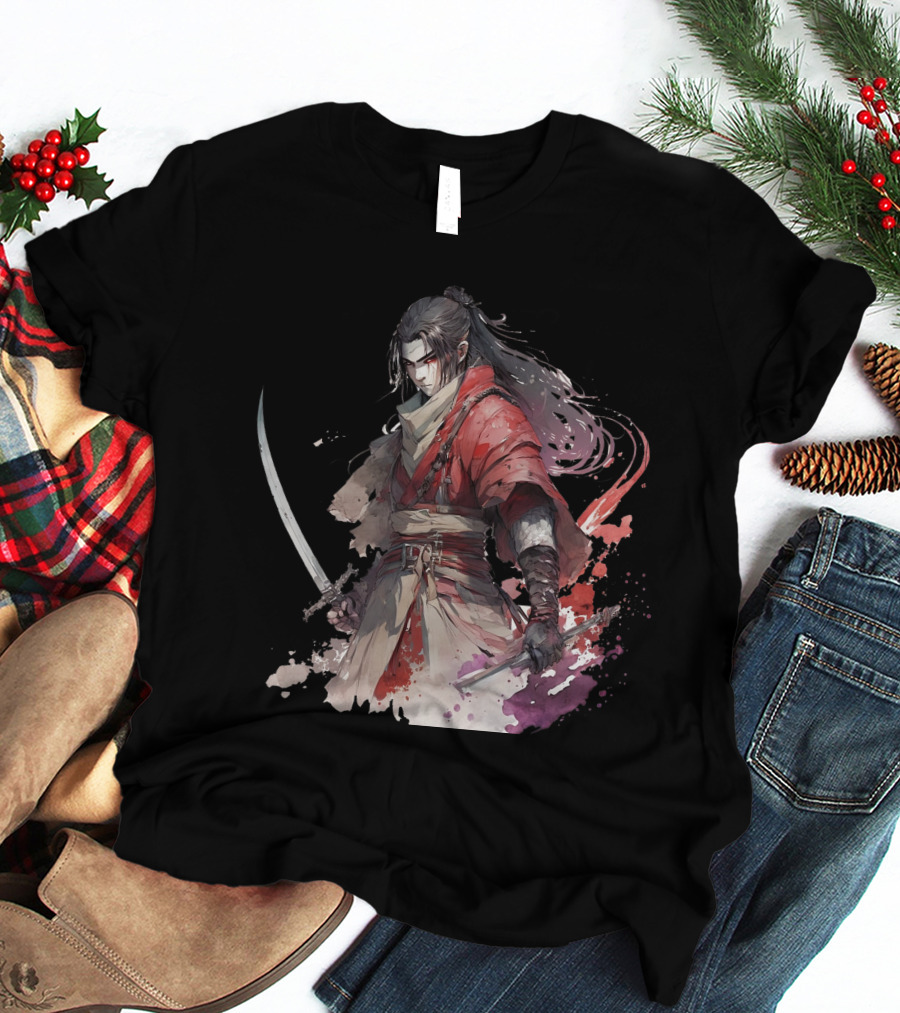 Samurai Blade Warrior In Red Robes With Dual Katanas And Flowing Hair T-Shirt