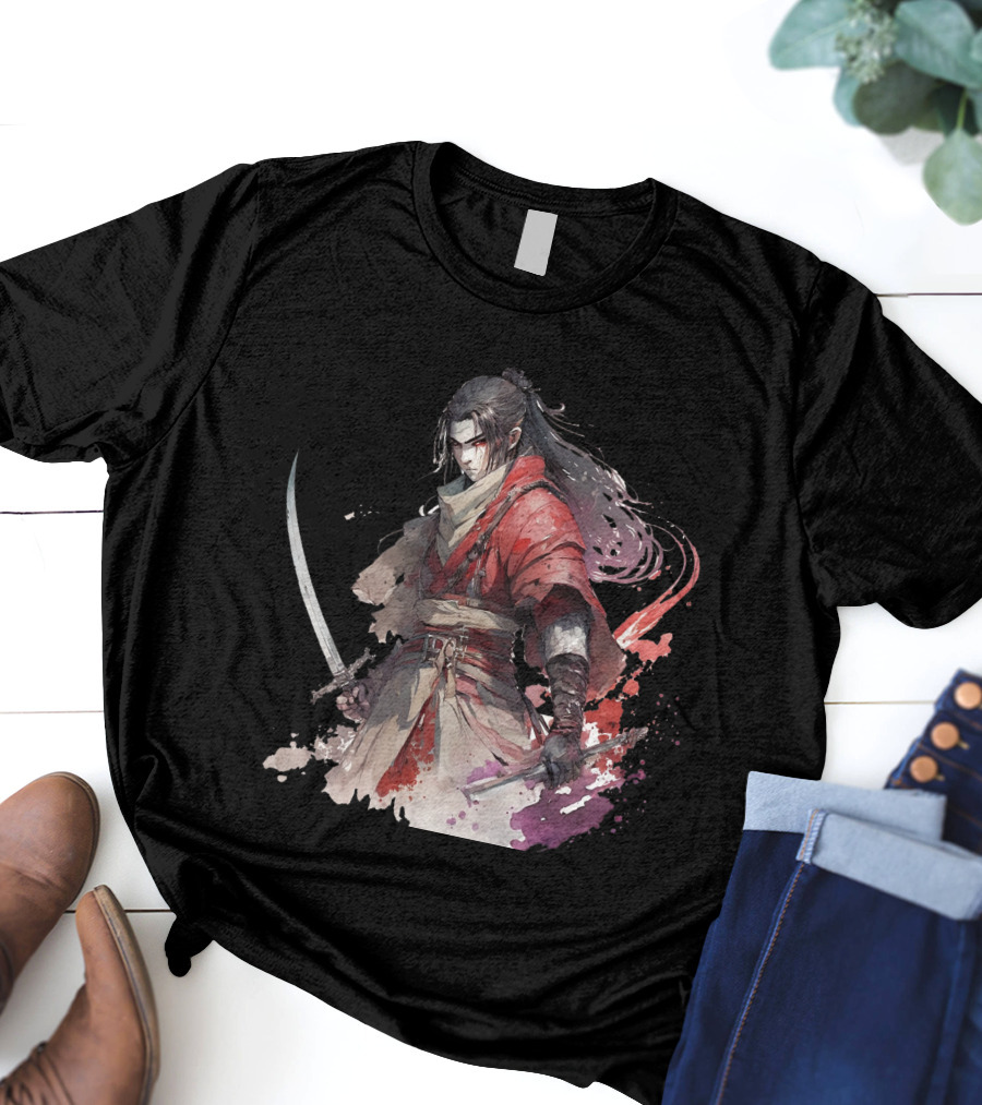 Samurai Blade Warrior In Red Robes With Dual Katanas And Flowing Hair T-Shirt