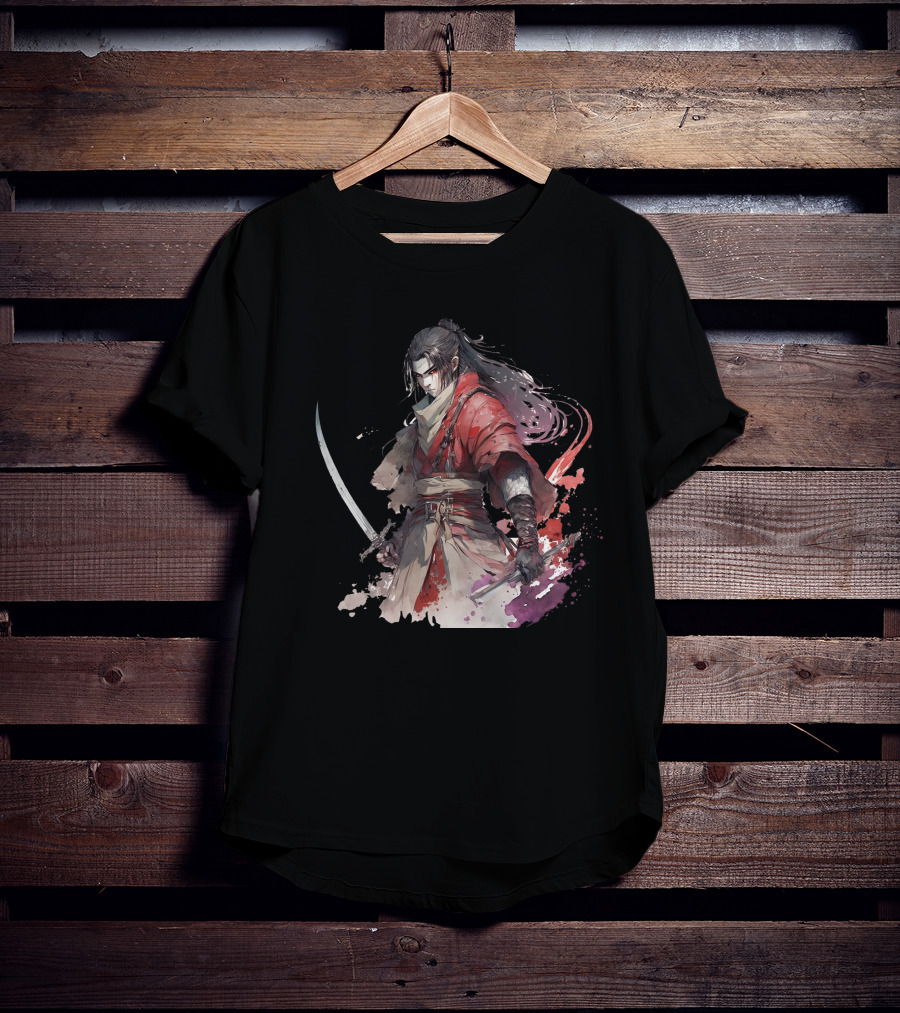 Samurai Blade Warrior In Red Robes With Dual Katanas And Flowing Hair T-Shirt