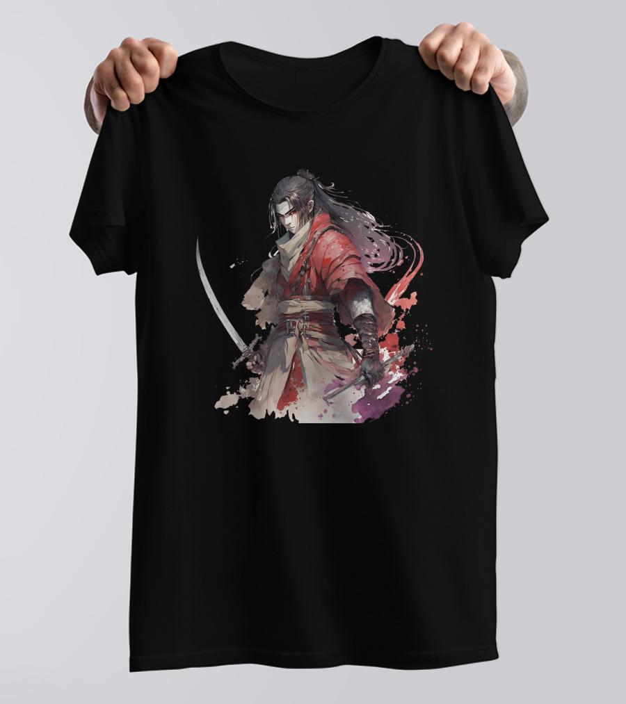 Samurai Blade Warrior In Red Robes With Dual Katanas And Flowing Hair T-Shirt
