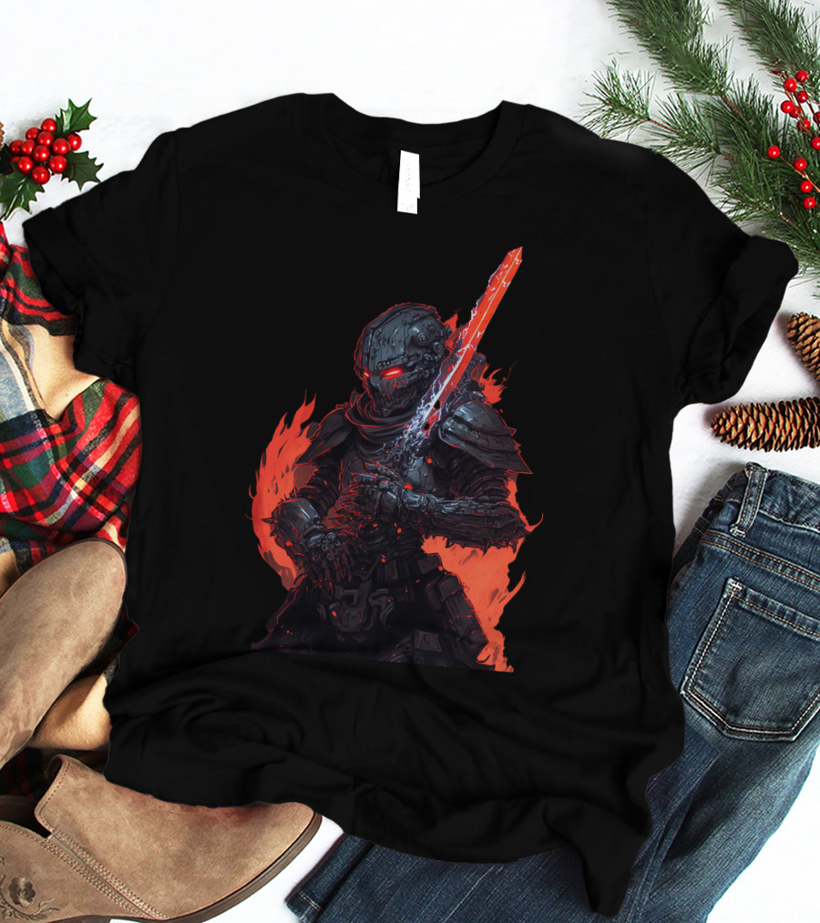 Magitek Zombie Trooper Fiery Cyborg Warrior With Glowing Sword T-Shirt