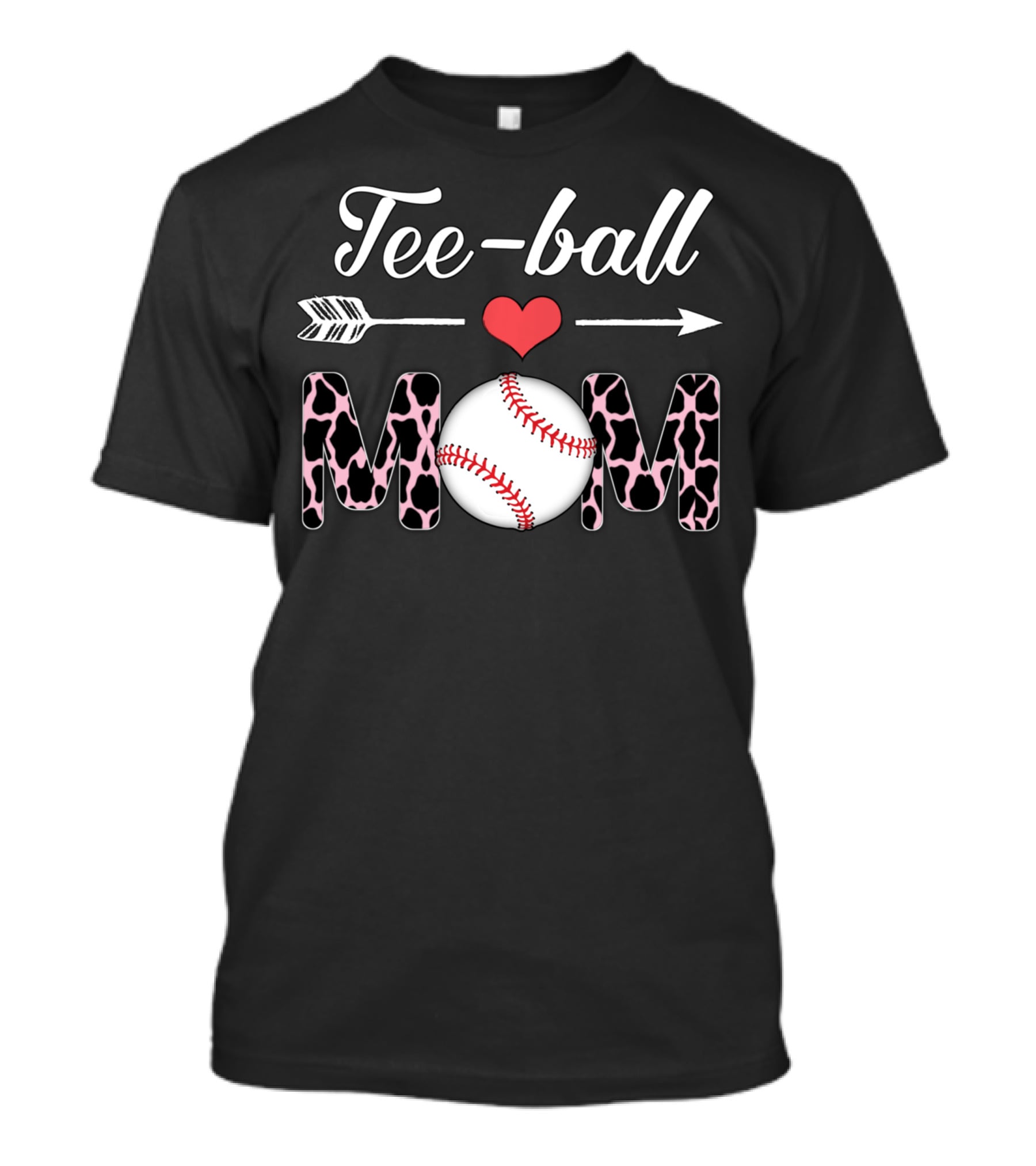 Tee-Ball Mom Heart Arrow Baseball Cow Print T-Shirt