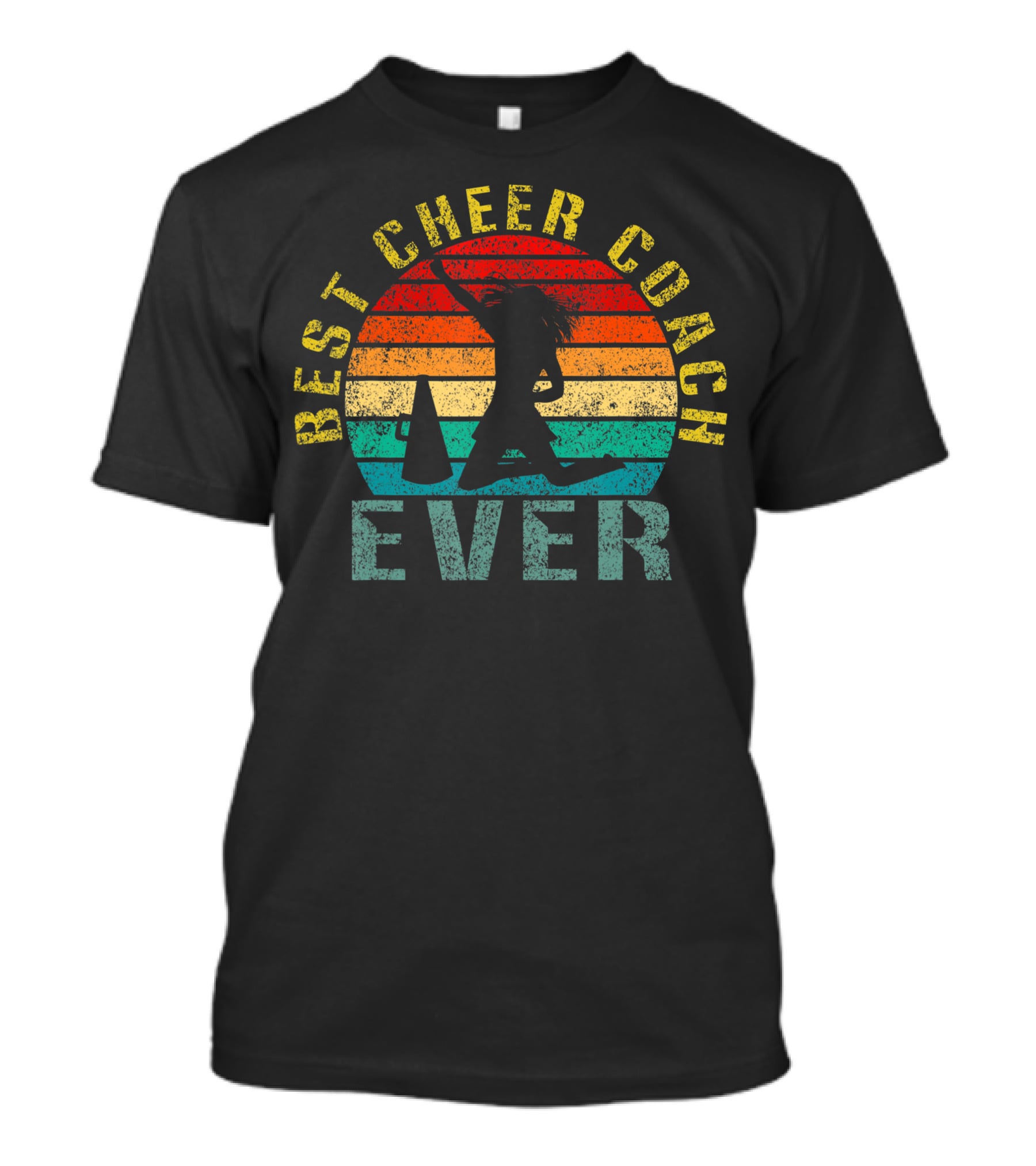 Best Cheer Coach Ever Vintage Silhouette With Megaphone And Sunset Stripes T-Shirt