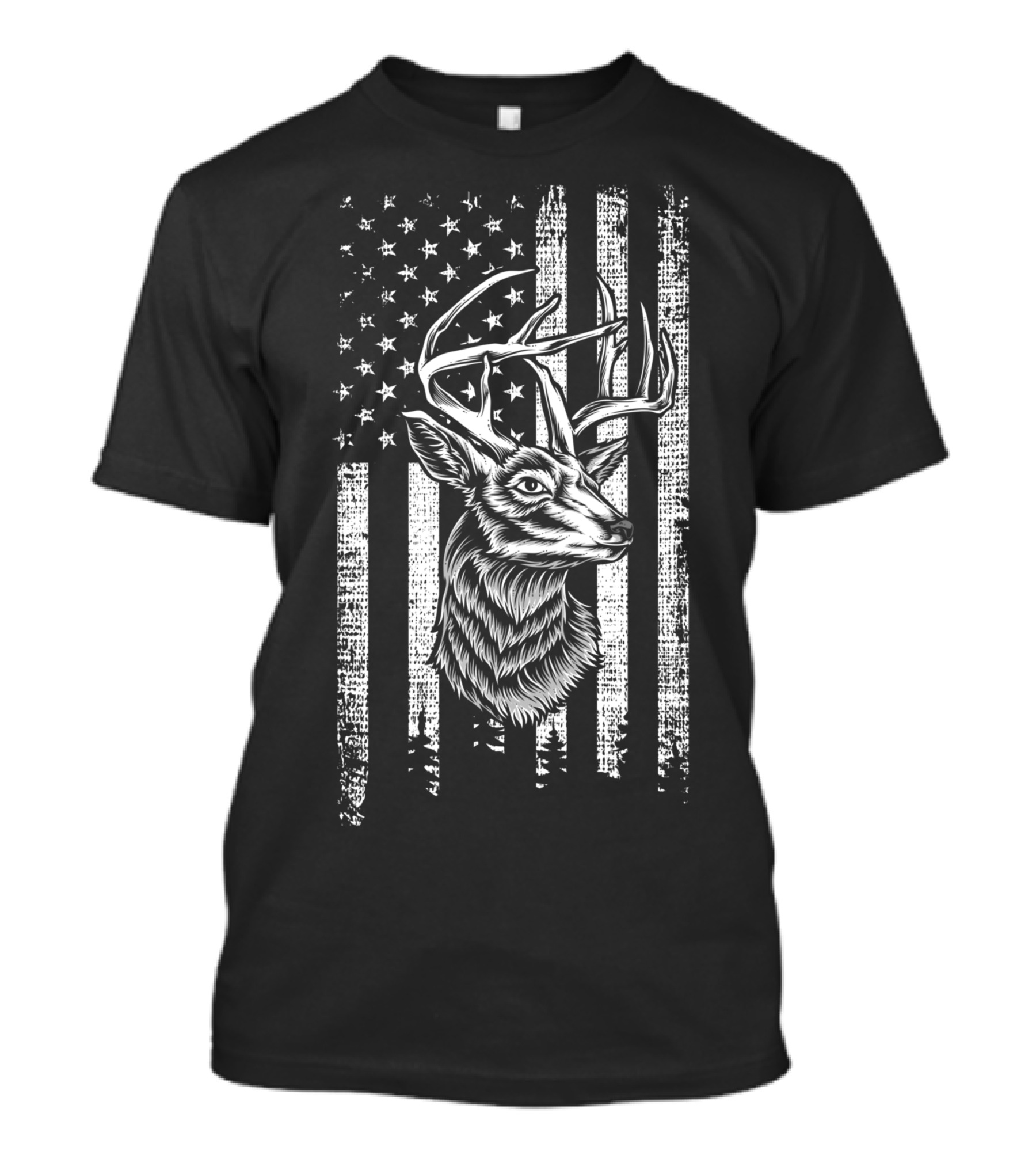 Deer Hunting Hunter Deer Head Antler With American Flag Background T-Shirt
