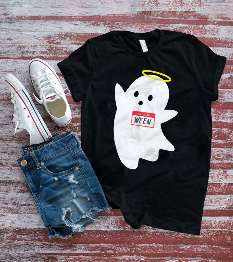 Wholesome Hallo I Am Ween Ghost With Halo And Nametag T-Shirt