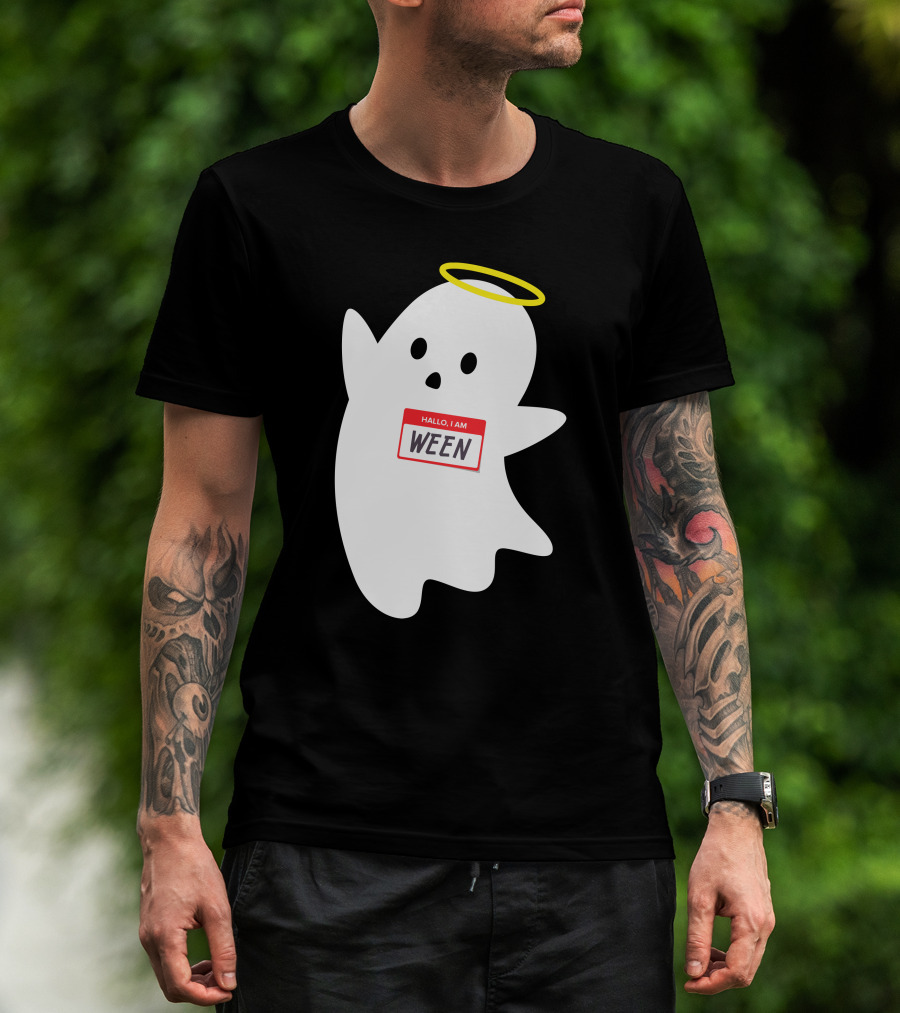 Wholesome Hallo I Am Ween Ghost With Halo And Nametag T-Shirt