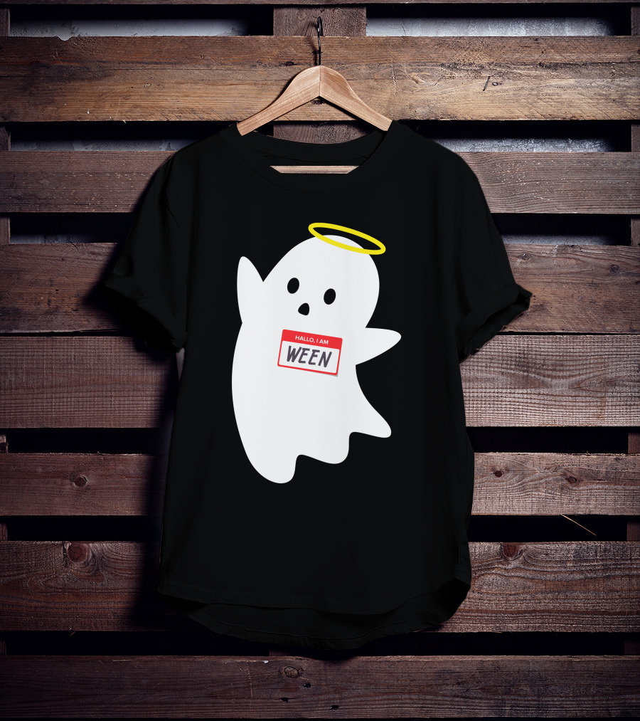 Wholesome Hallo I Am Ween Ghost With Halo And Nametag T-Shirt