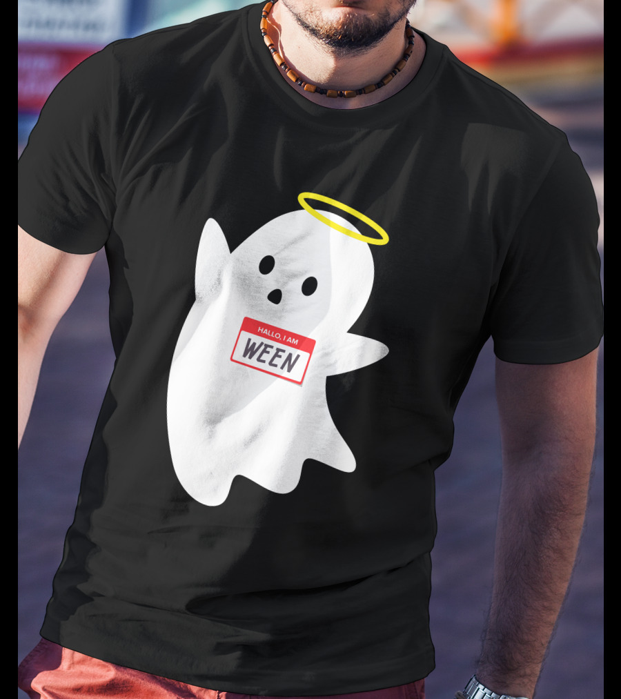 Wholesome Hallo I Am Ween Ghost With Halo And Nametag T-Shirt