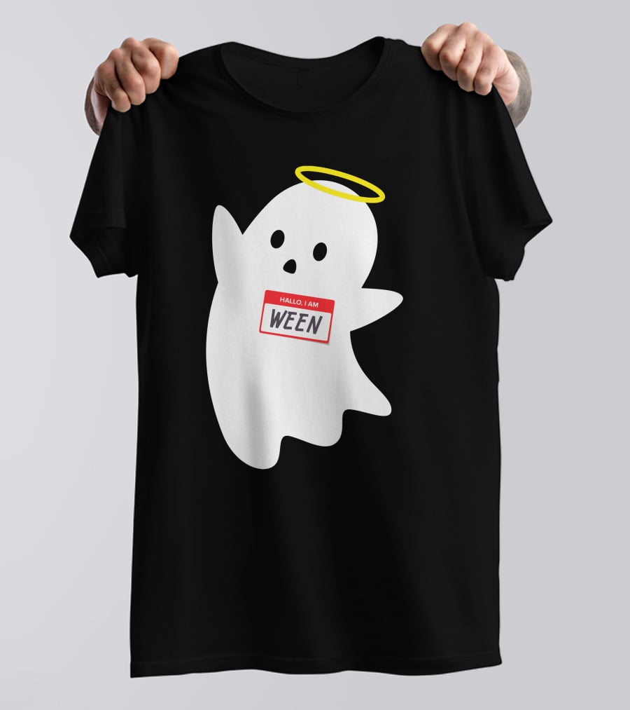 Wholesome Hallo I Am Ween Ghost With Halo And Nametag T-Shirt