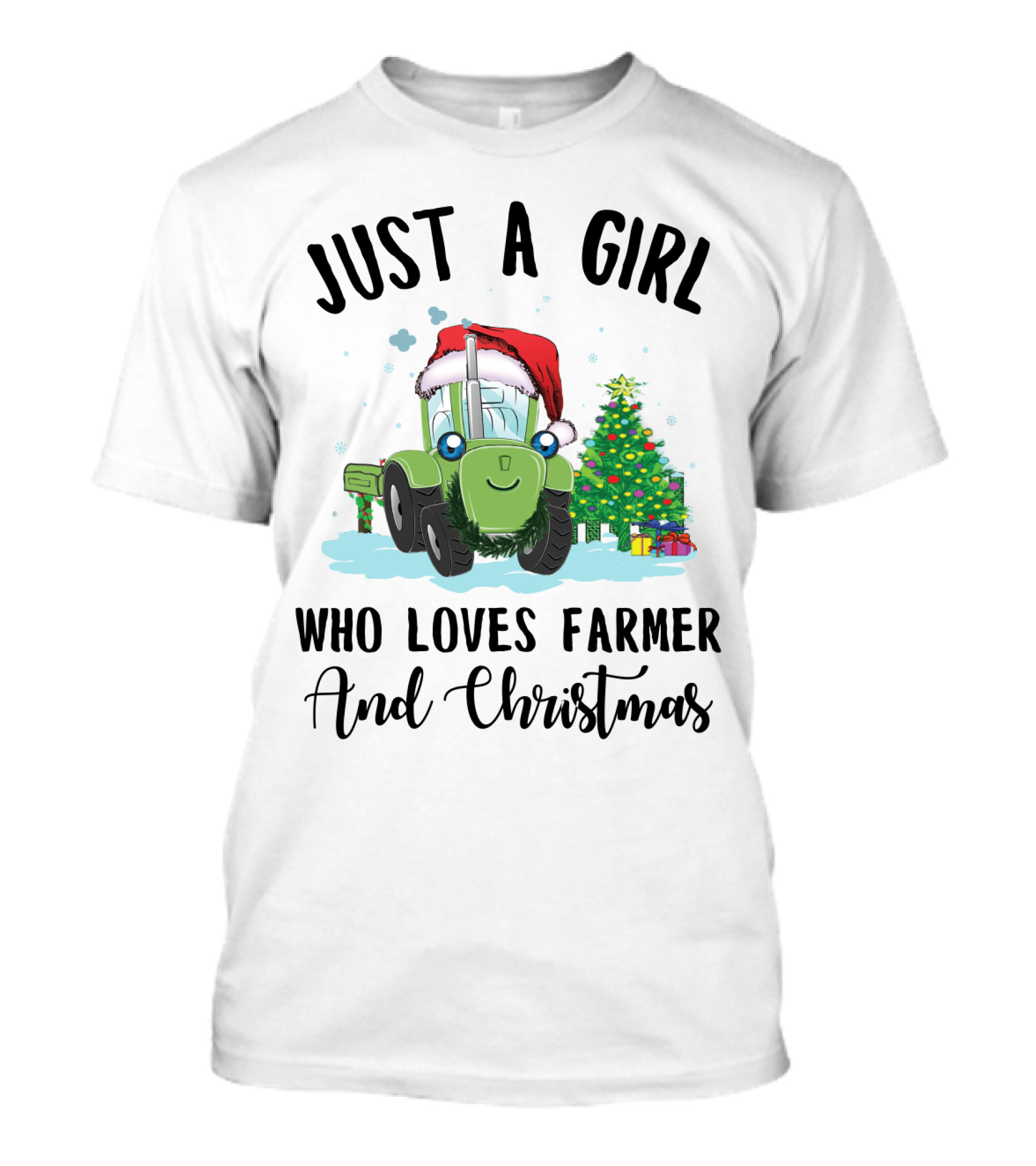 Just A Girl Who Loves Farmer And Christmas With Santa Hat Tractor And Christmas Tree T-Shirt
