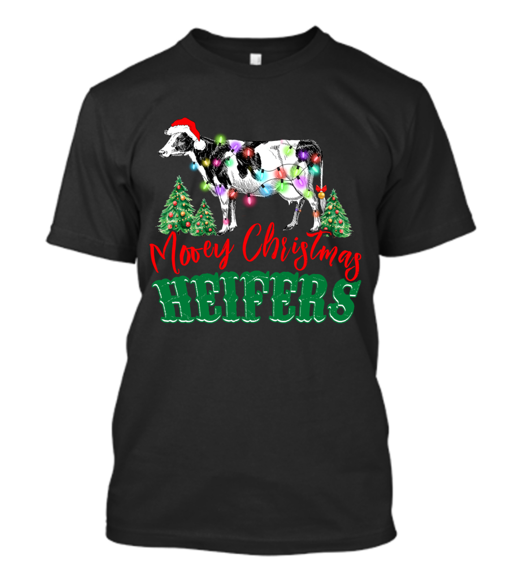 Mooey Christmas Heifers Festive Holiday Cow With Santa Hat And Christmas Trees T-Shirt