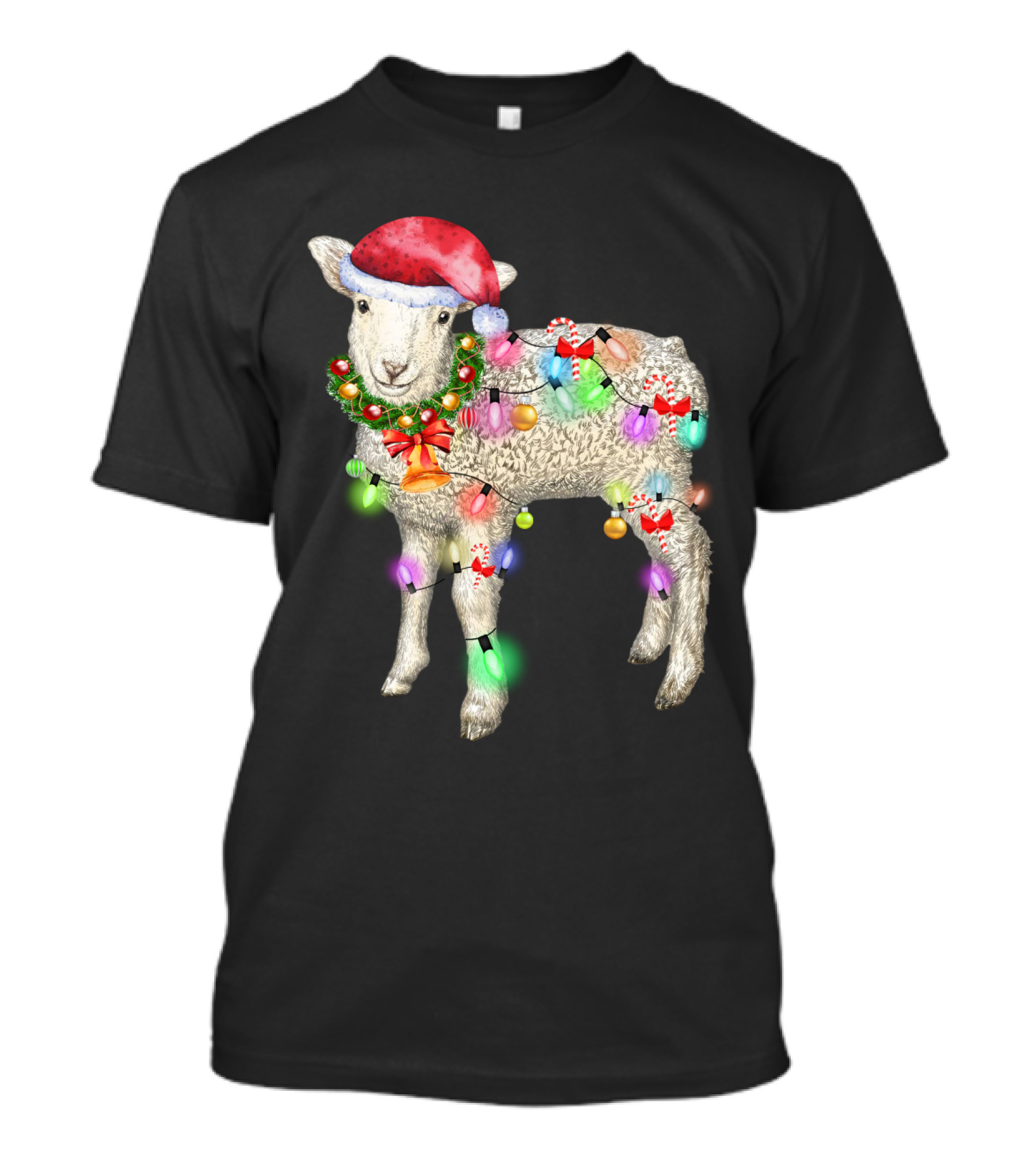 Christmas Sheep With Santa Hat And Holiday Lights T-Shirt