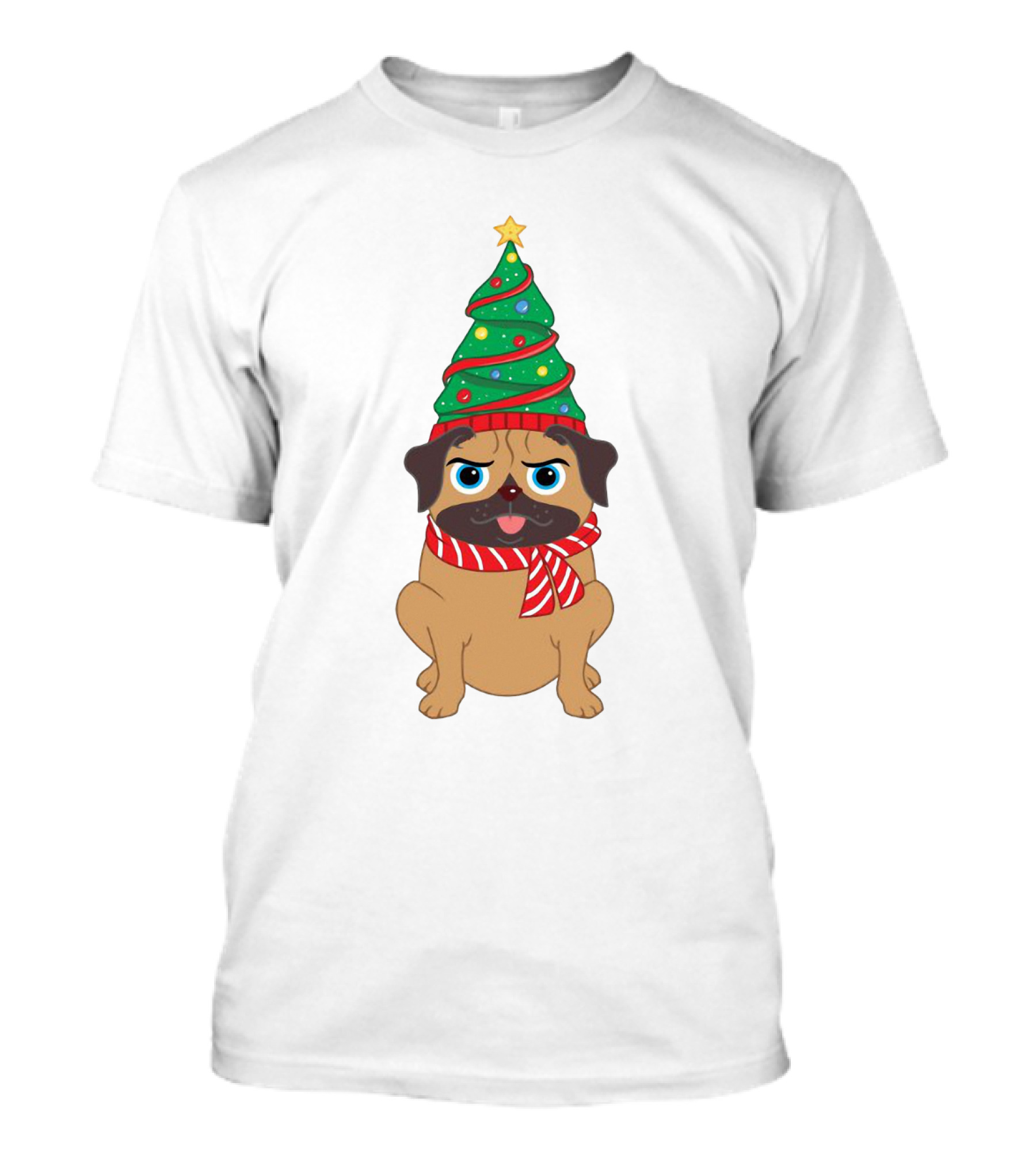 Snuggly Pug With Christmas Tree Hat And Festive Scarf Holiday T-Shirt